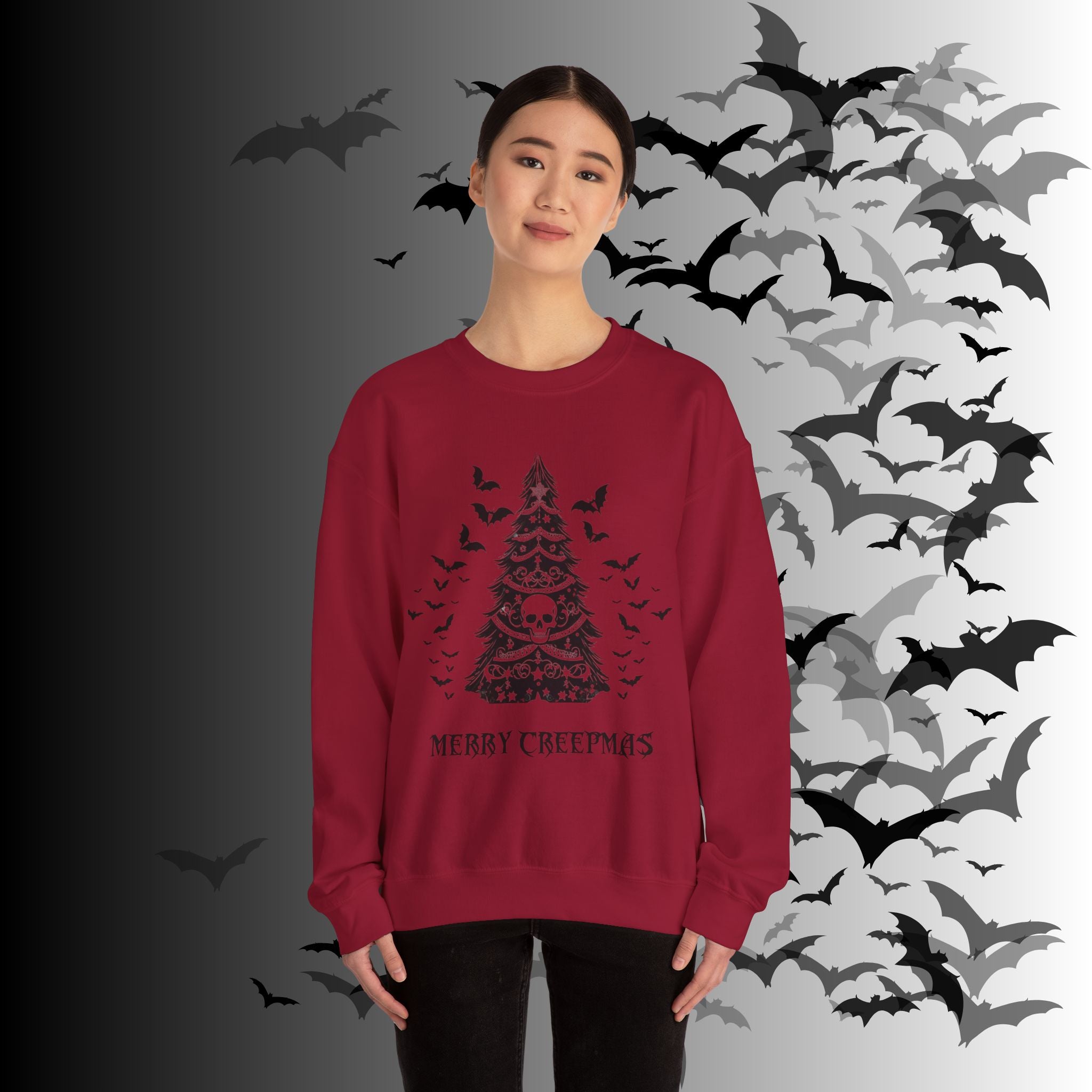Merry Creepmas Tree Crewneck Sweatshirt — Gothic Christmas Skull Bat