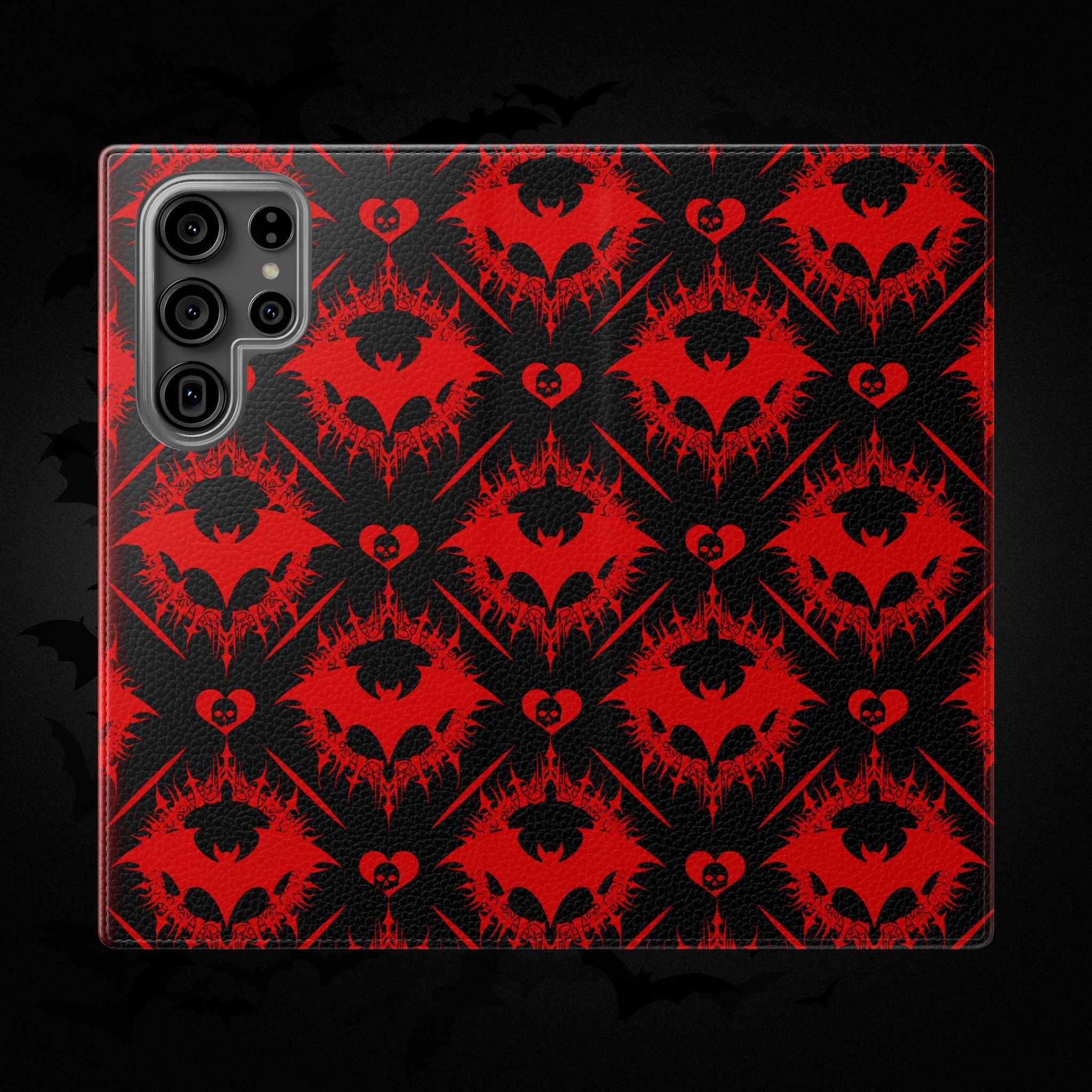 Gothic Bat Wallet Flip Case - Elegant Goth Phone Wallet - Bat Pattern Flip Case - Gothic Phone Case - Stylish Wallet Phone Case