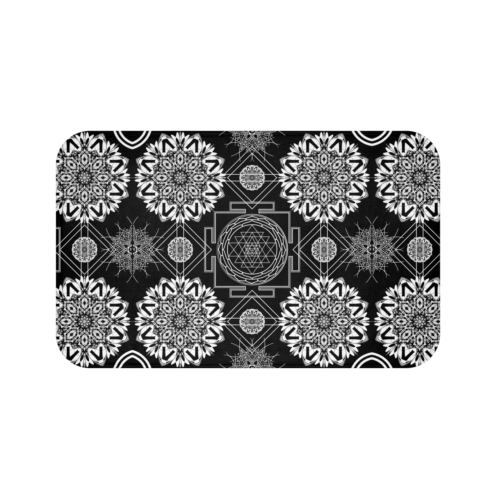 Sacred Geometry Bath Mat — Mystical Black & White Mandala Bathroom Decor