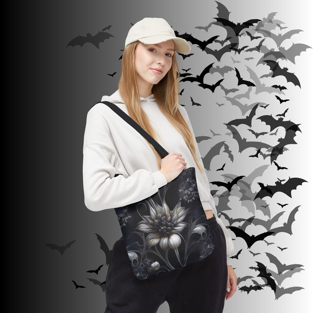 Gothic Botanical Skull Tote Bag — Dark Floral All-Over Print