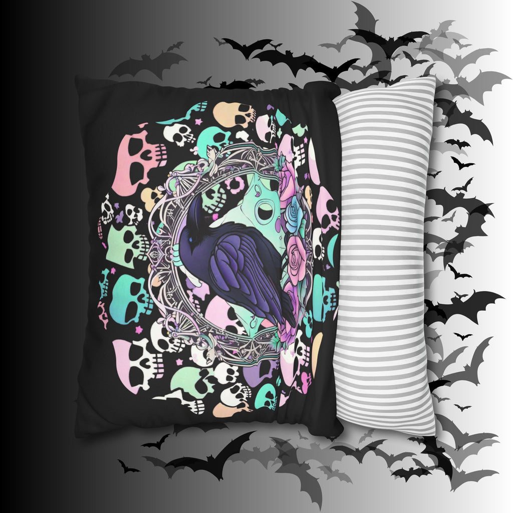Pastel Goth Raven Skull Throw Pillow — Dark Floral Gothic Home Decor
