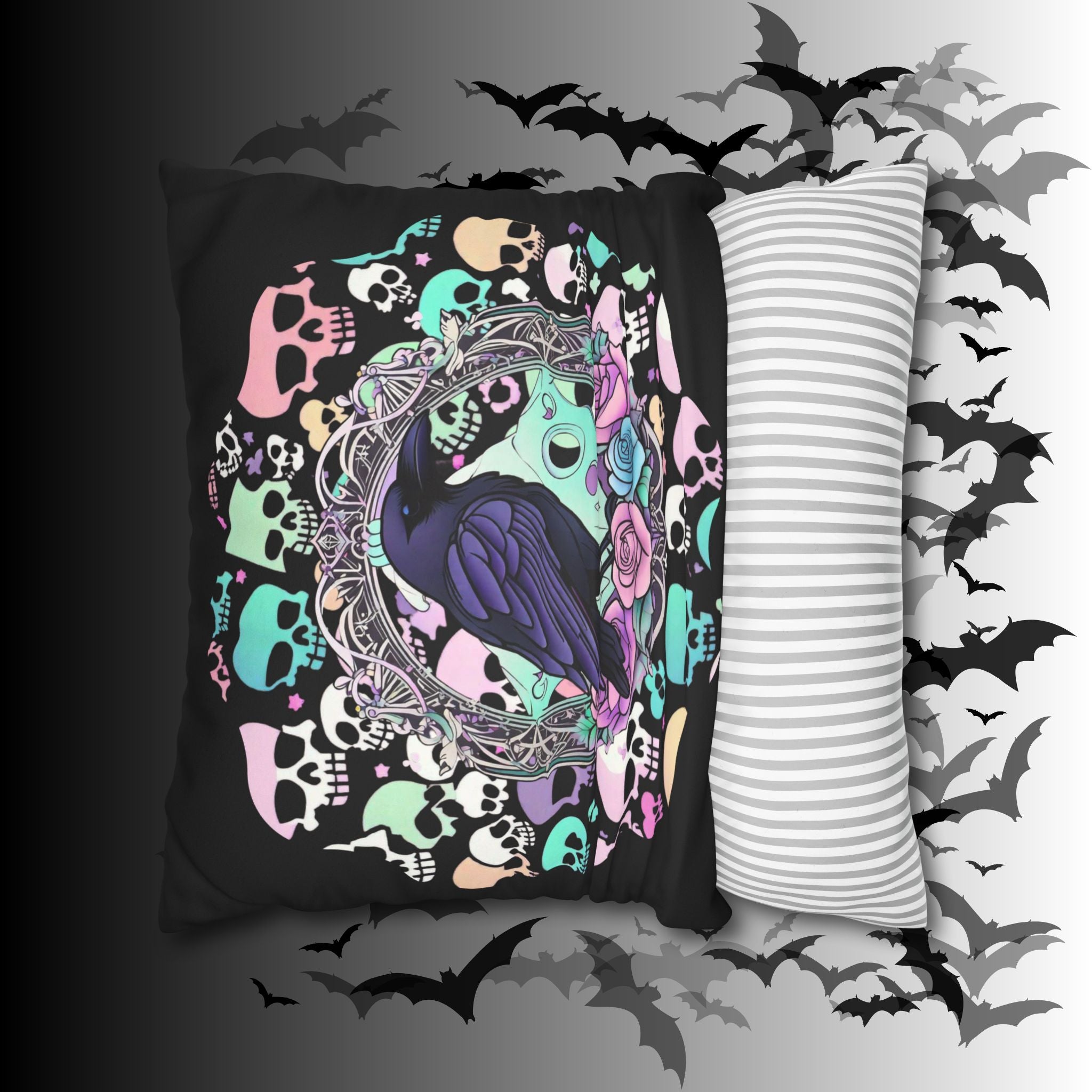 Pastel Goth Raven Skull Throw Pillow — Dark Floral Gothic Home Decor
