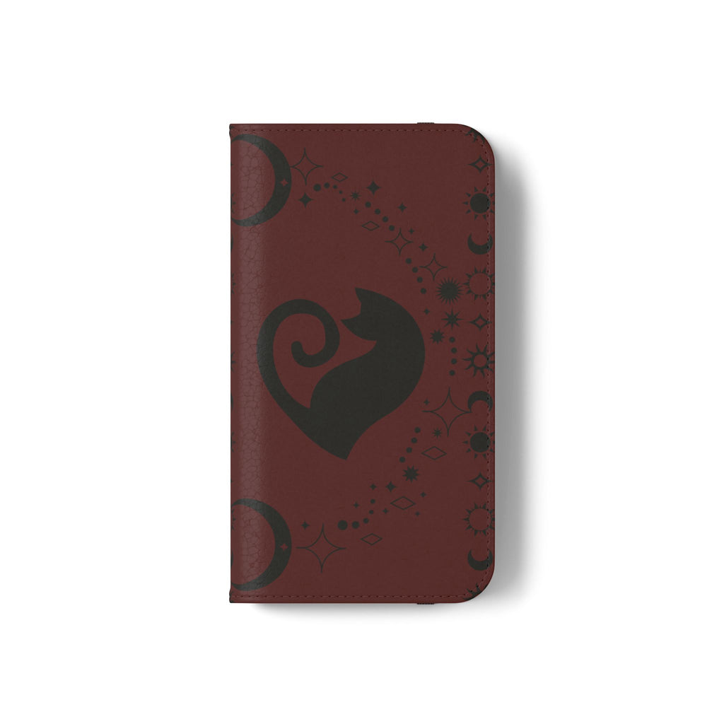 Dark Academia Celestial Black Cat Flip Wallet Case for iPhone and Samsung Galaxy Phones