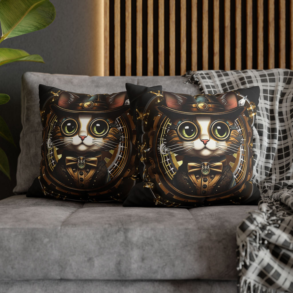 Steampunk Cat Throw Pillow — Vintage Industrial Gothic Home Decor