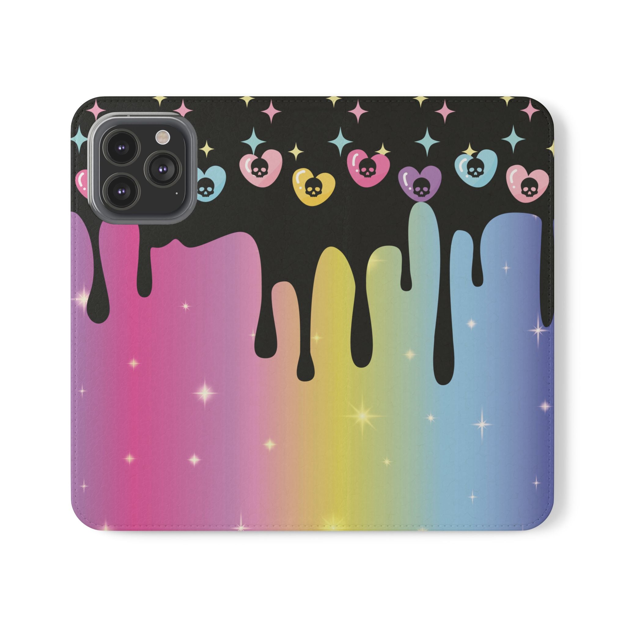 Pastel Goth Drippy Rainbow Skulls Flip Wallet Phone Case - Wallet Case for Samsung and iPhone - Gothic Style Wallet Phone Cases