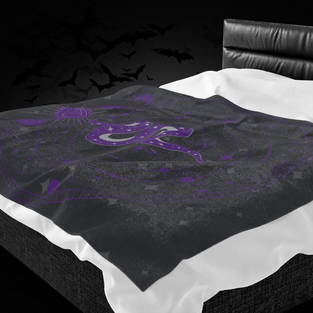 Gothic Celestial Snake Moon Phase Throw Blanket — Purple & Black Witchy Decor