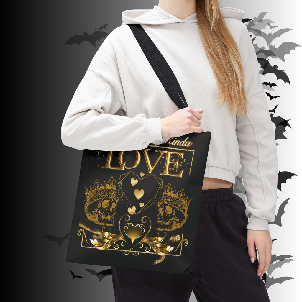 "That Forever Kinda Love" Gothic Skull Crown Tote Bag — Dark Romance Gold Print