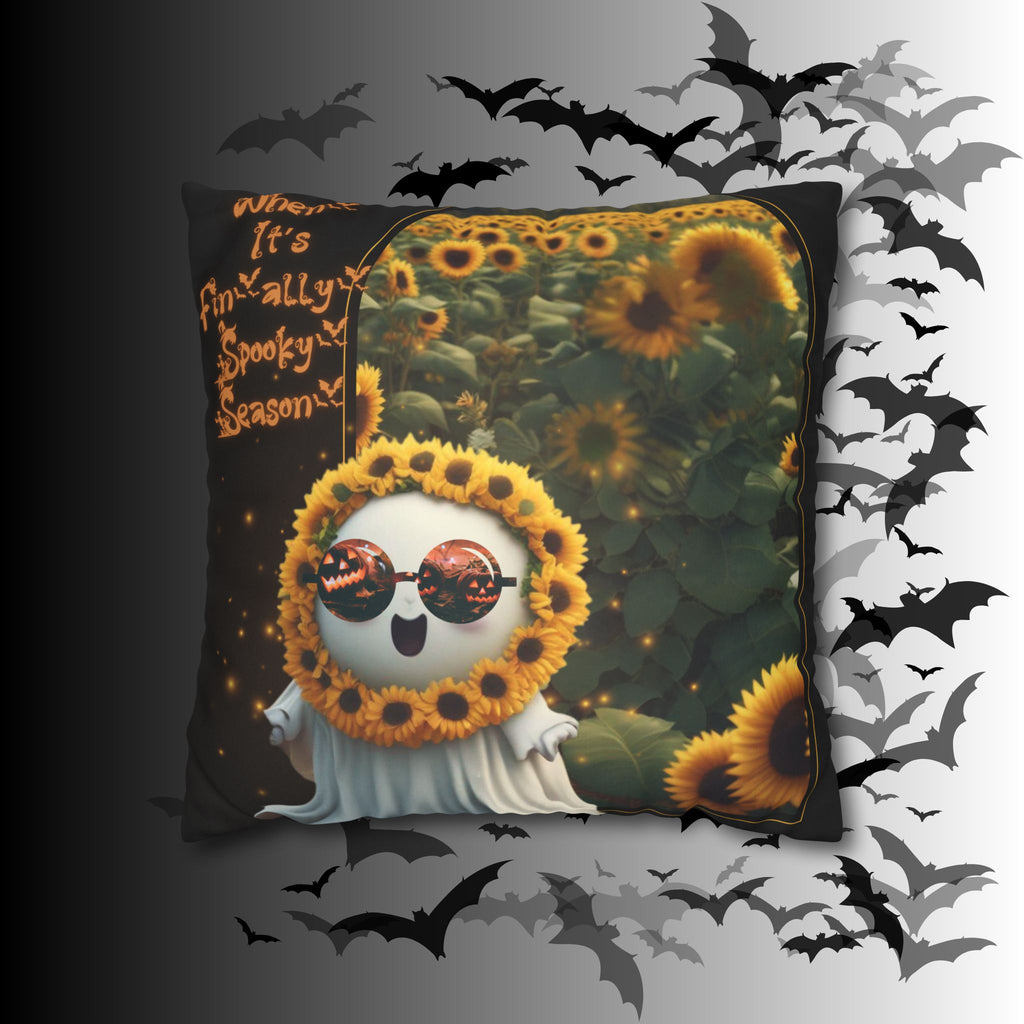 Spooky Season Ghost Sunflower Throw Pillow — Halloween Dark Home Decor