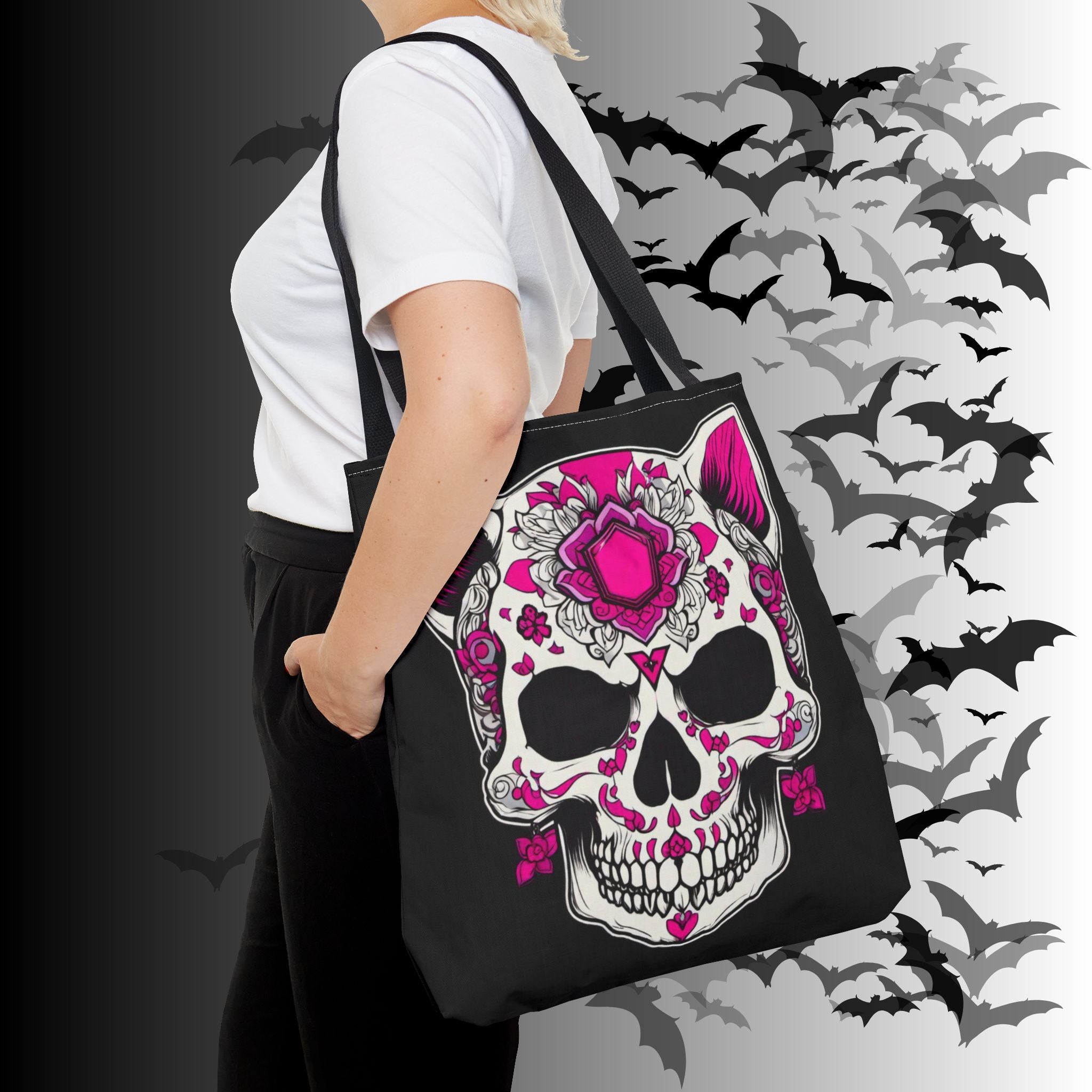Pink Sugar Skull Cat Tote Bag — Day of the Dead Floral Design