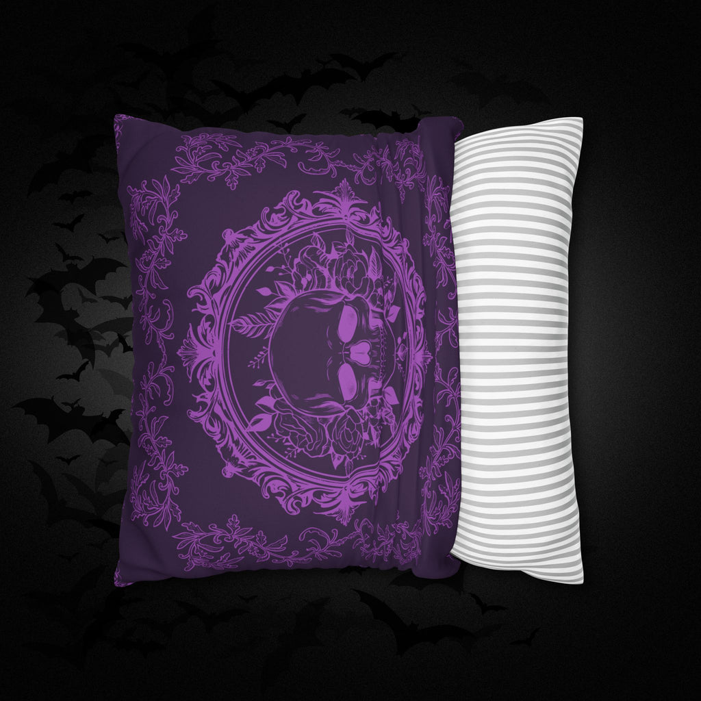 Purple Gothic Floral Skull Throw Pillow — Baroque Botanical Dark Home Decor