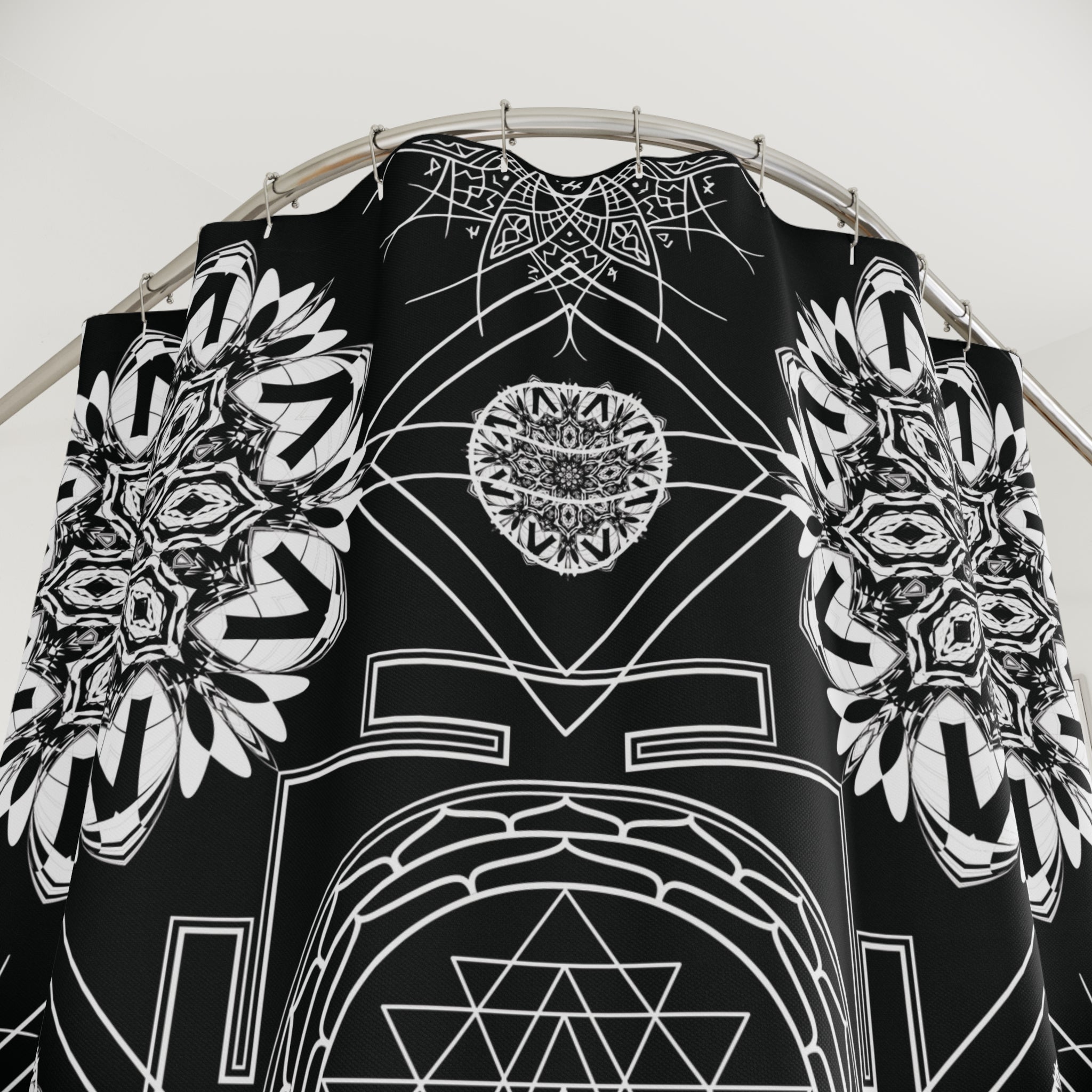 Sacred Geometry Shower Curtain — Mystical Black & White Mandala Bathroom Decor