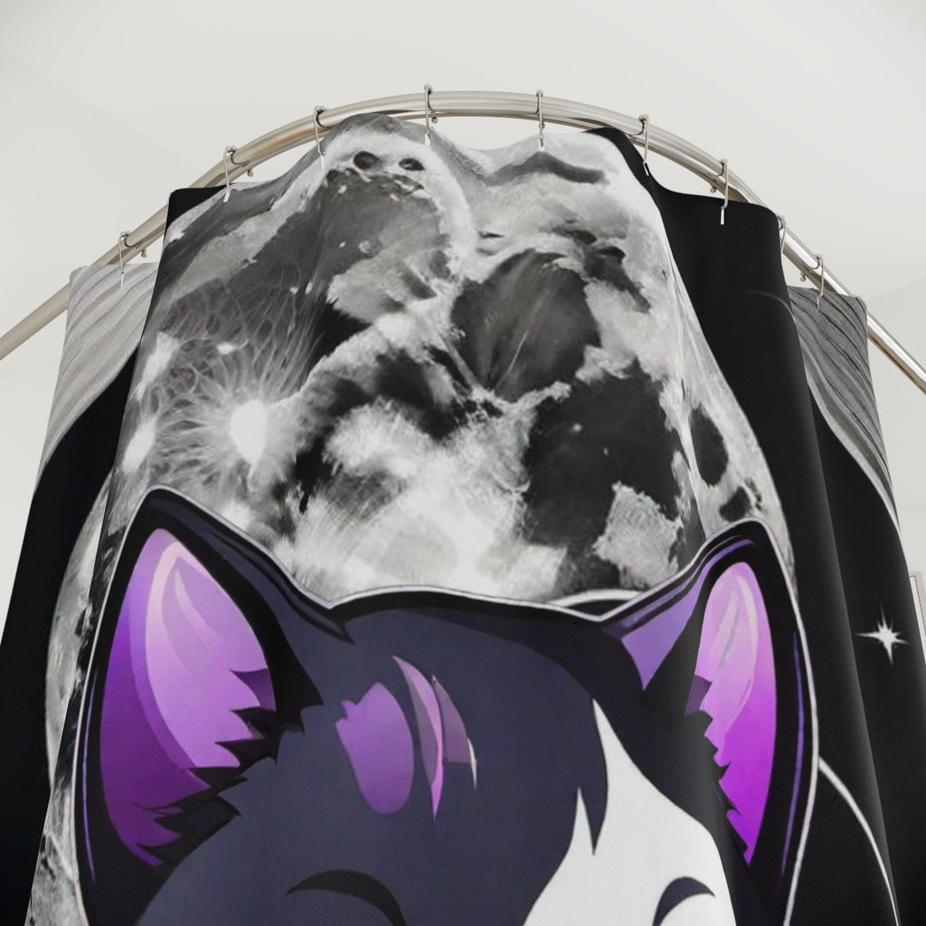 Pastel Goth Black Cat Full Moon Shower Curtain — Witchy Bathroom Decor