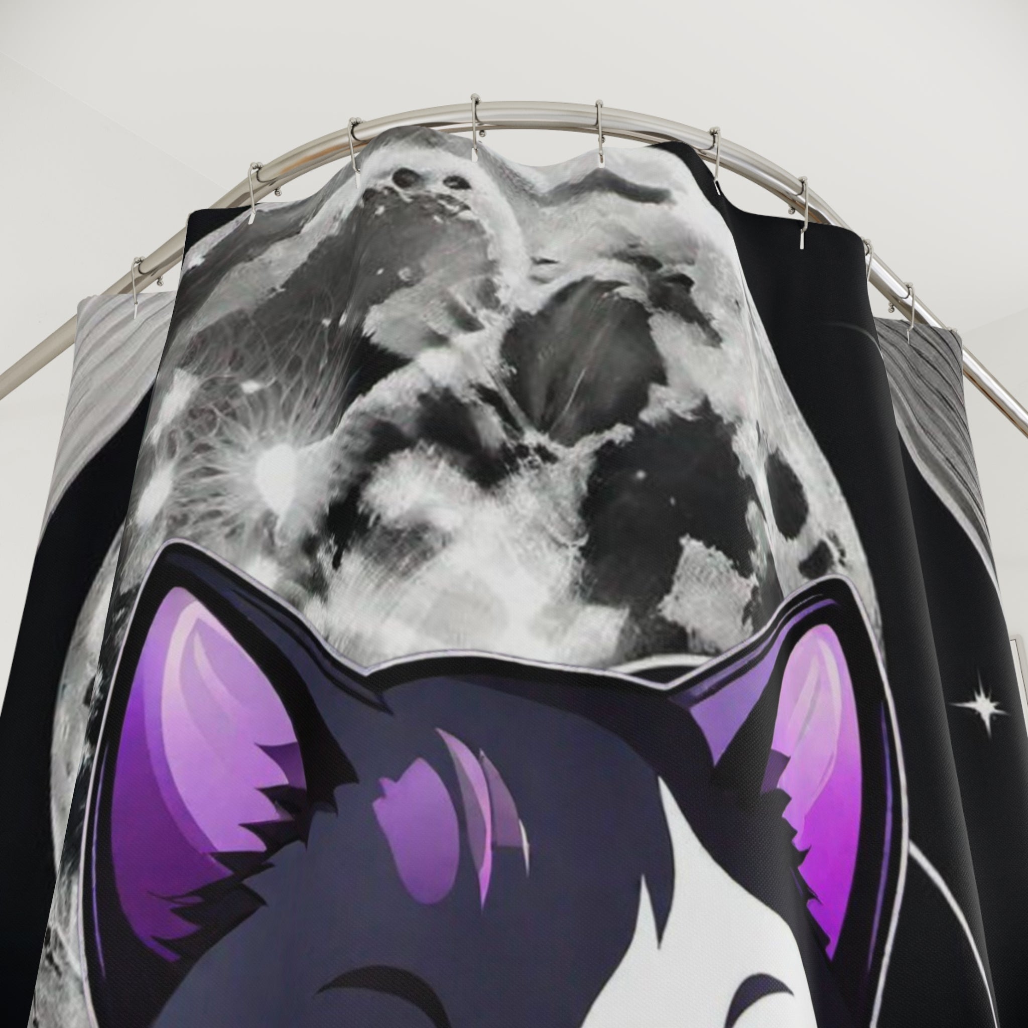 Pastel Goth Black Cat Full Moon Shower Curtain — Witchy Bathroom Decor