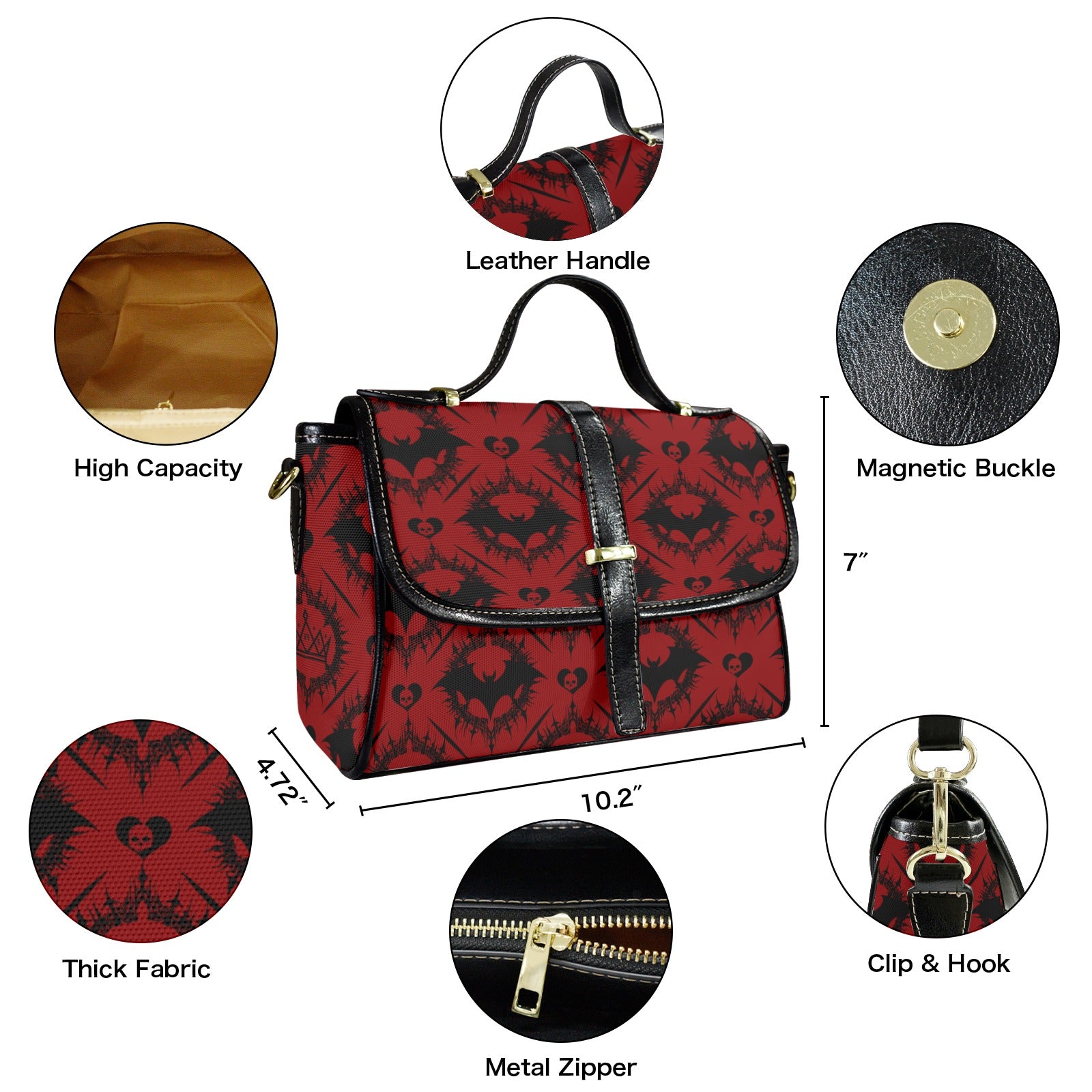 Scarlet Gothic Bat Crossbody Bag | Red & Black Damask Waterproof Canvas Satchel Purse