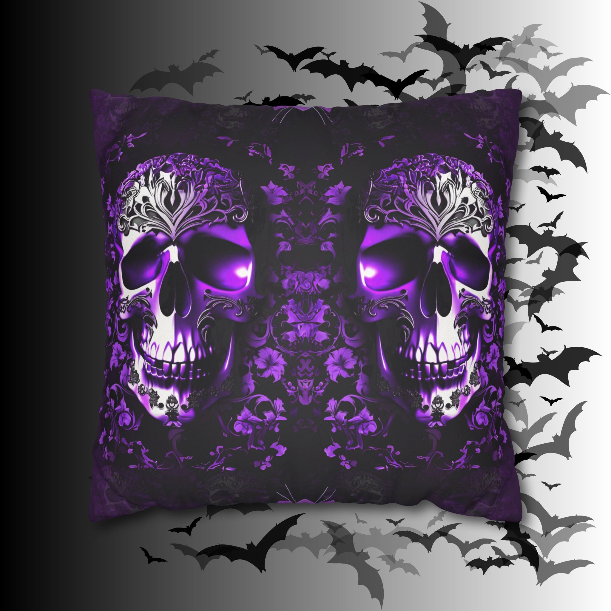 Purple Gothic Skull Throw Pillow — Damask Dark Home Decor