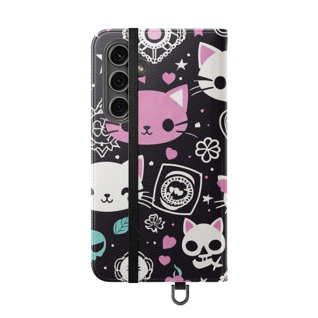 Pastel Goth Cat Flip Wallet Phone Case - Goth Cat Wallet Case for Samsung iPhone - Gothic Style Cats Wallet Phone Cases