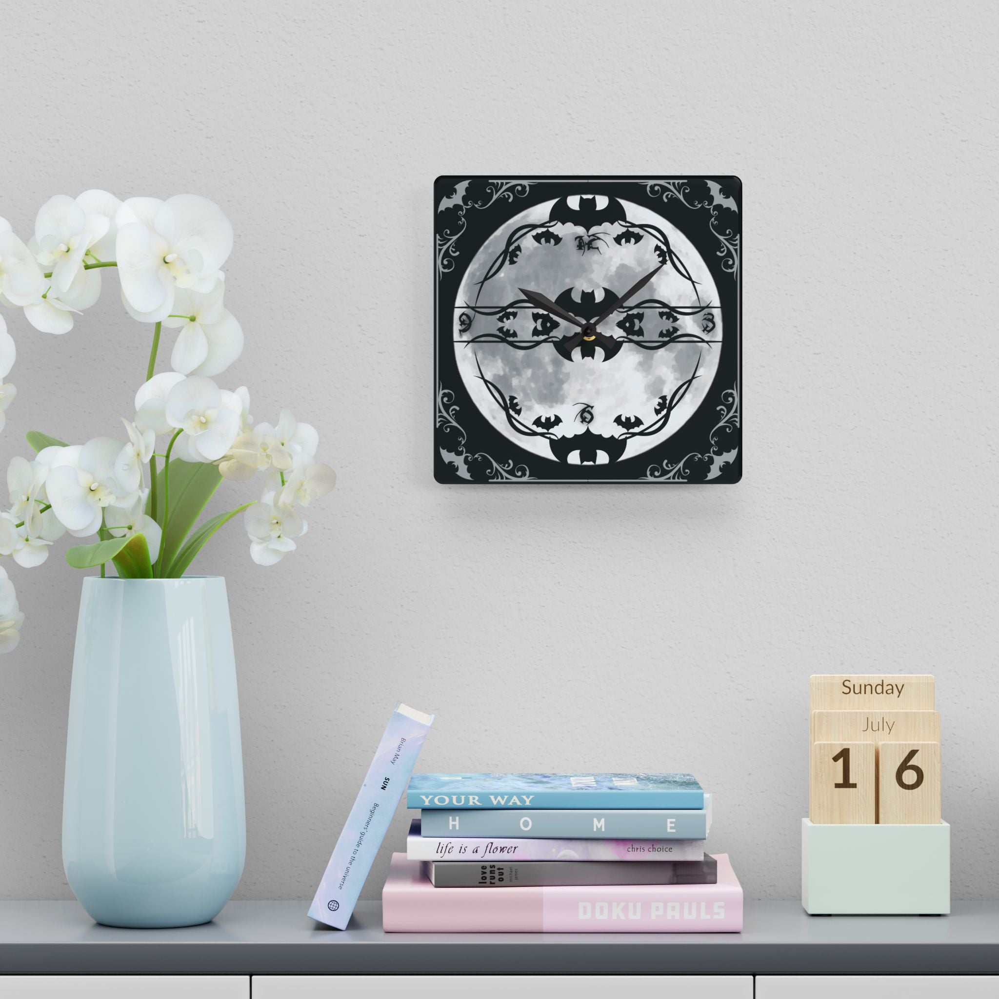 Gothic Bats Full Moon Wall Clock — Halloween Acrylic Art Print Home Decor