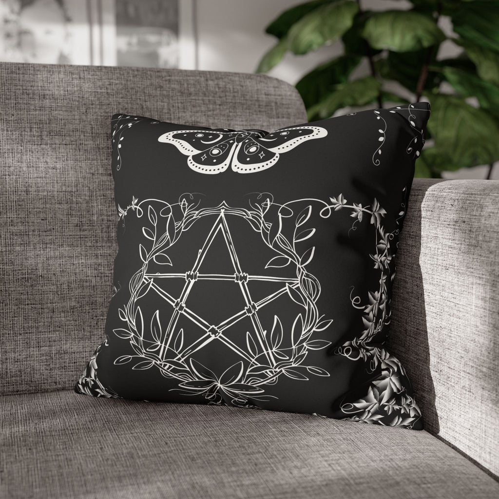 Witchy Moth Pentagram Throw Pillow — Botanical Gothic Dark Home Decor
