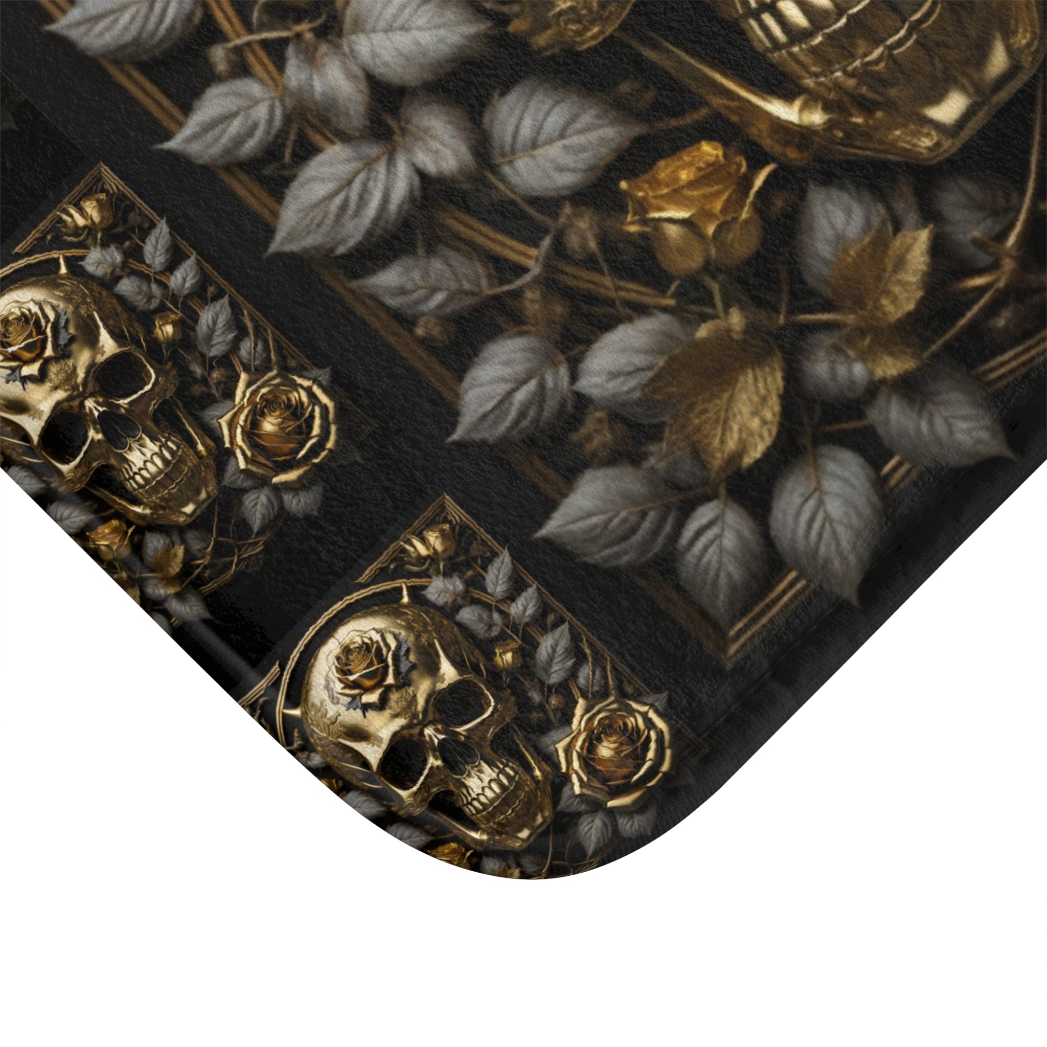 Gothic Black & Gold Skull Rose Bath Mat — Gothic Glam Bathroom Decor