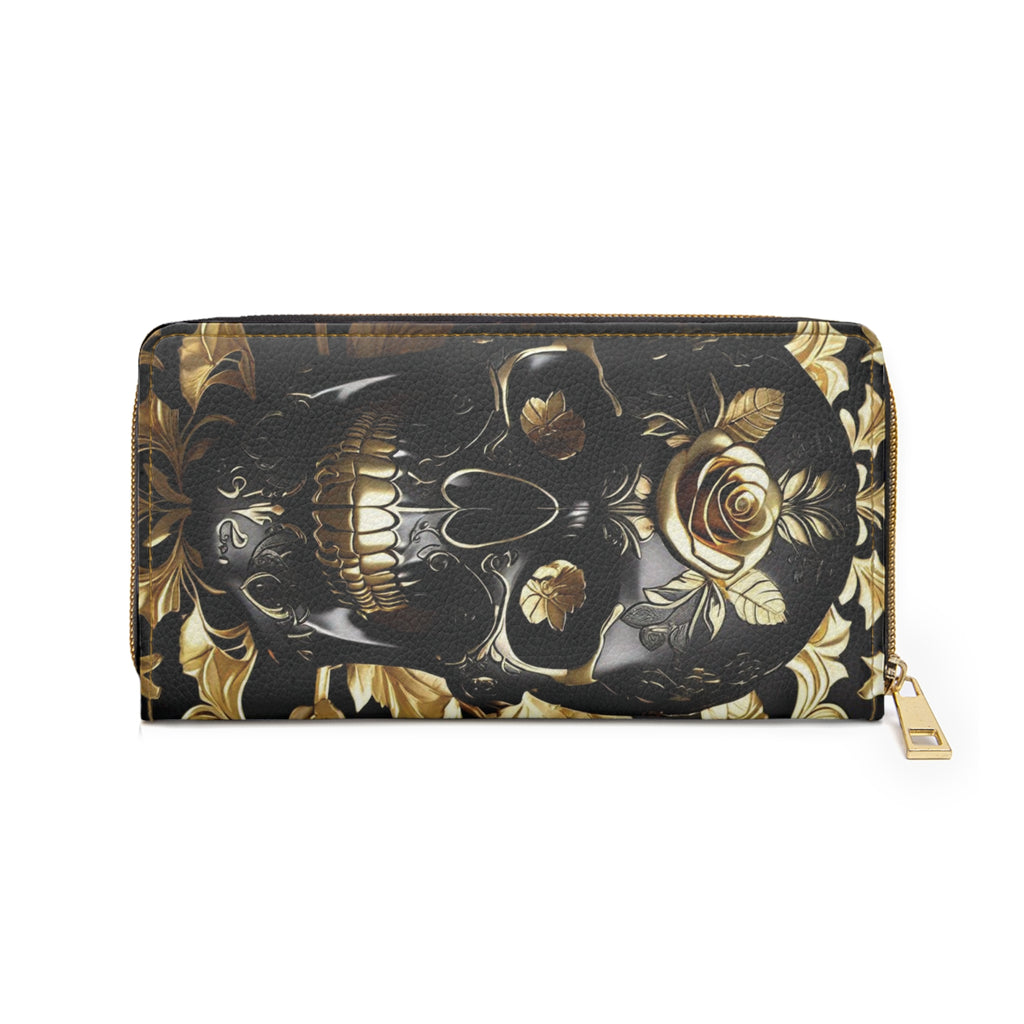 Gothic Black & Gold Skull Rose Wallet | Cruelty Free Faux Leather Zipper Clutch