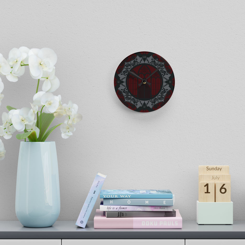 Gothic Cathedral Bats Wall Clock — Black Red Acrylic Art Print Home Decor