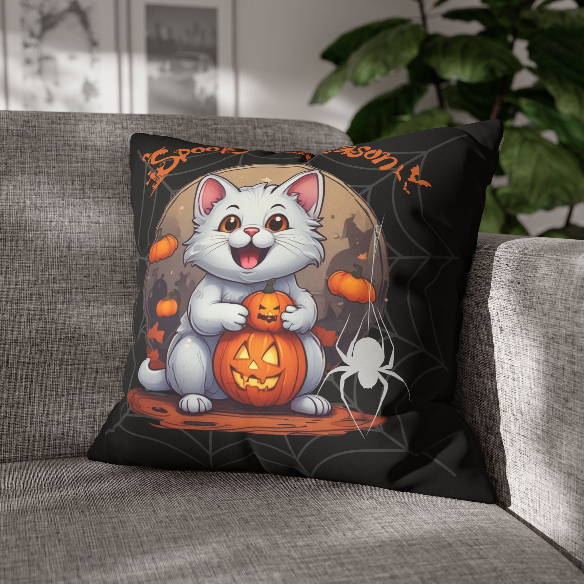 Spooky Season Cat Halloween Throw Pillow — Pumpkin Dark Home Decor