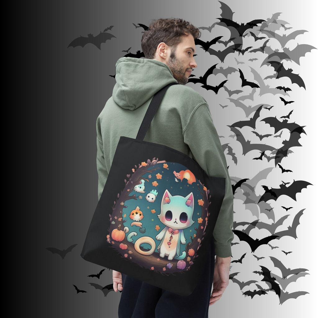 Pastel Goth Kawaii Cat Halloween Tote Bag — Moonlit Forest Scene