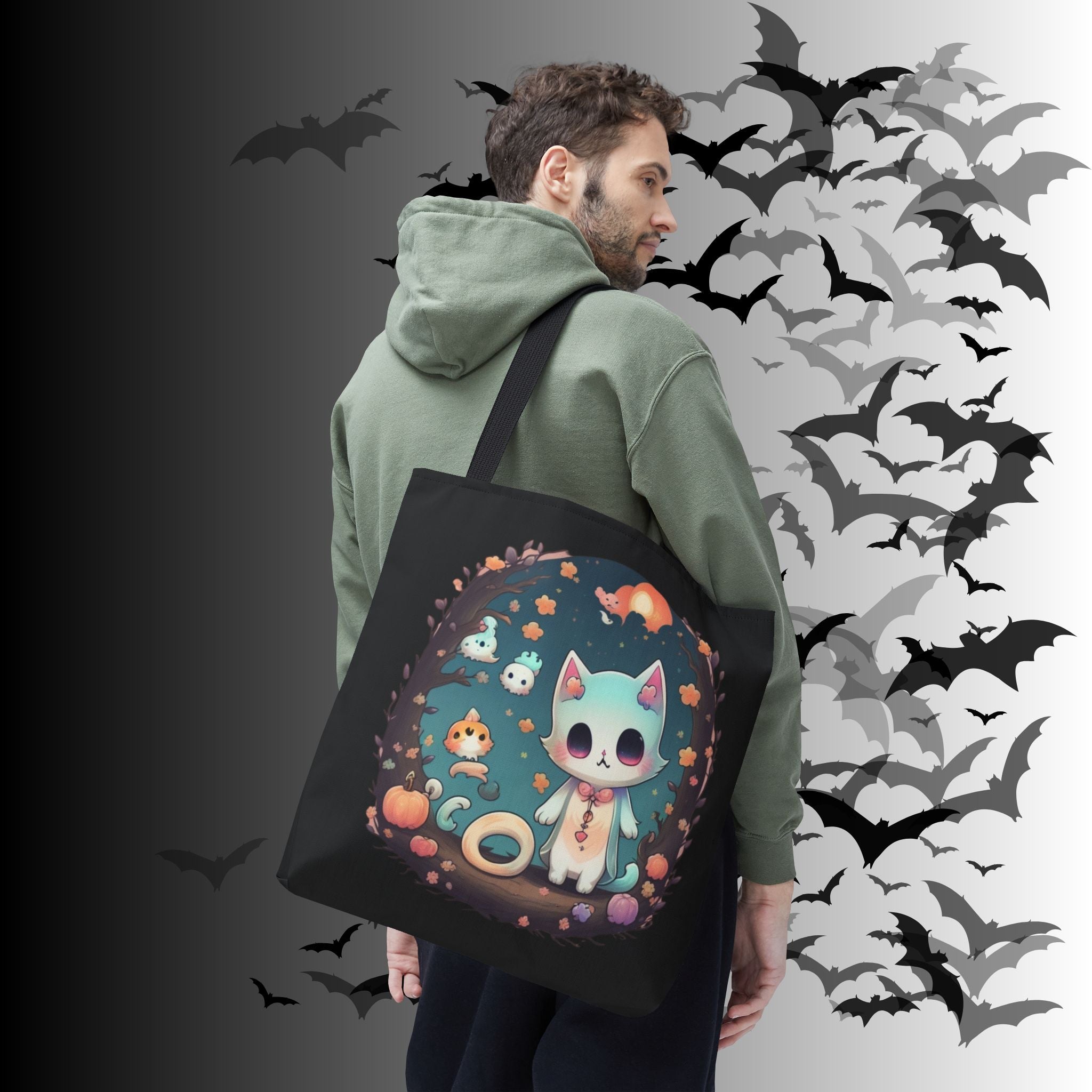 Pastel Goth Kawaii Cat Halloween Tote Bag — Moonlit Forest Scene