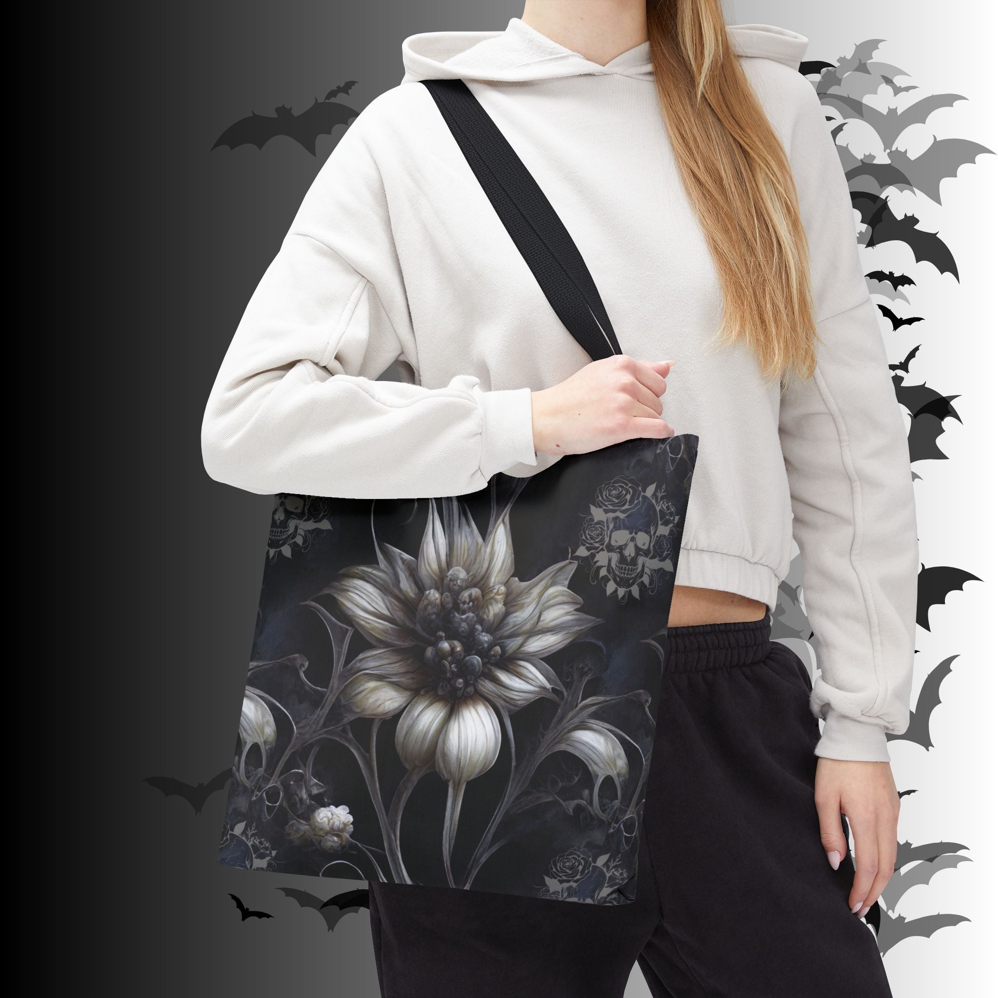 Gothic Botanical Skull Tote Bag — Dark Floral All-Over Print