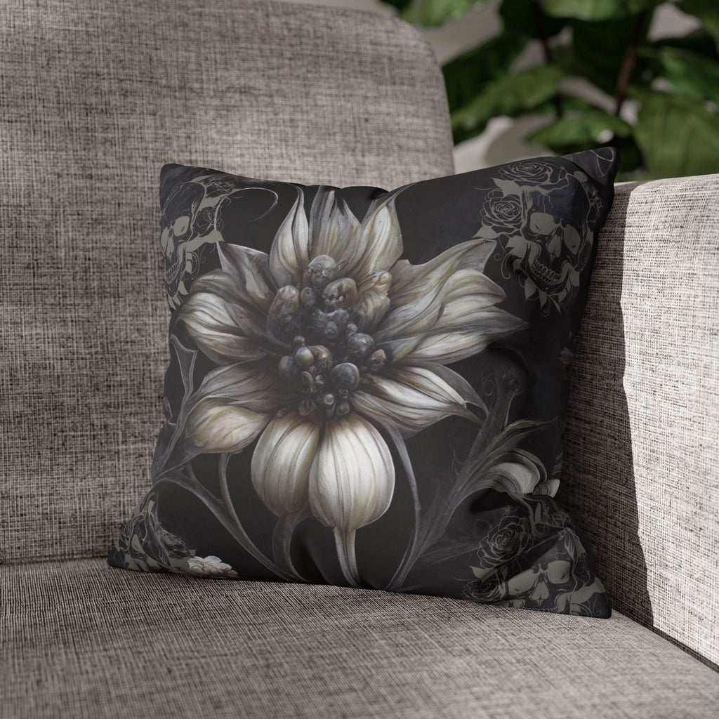 Gothic Skull Botanical Sunflower Throw Pillow — Dark Floral Home Decor