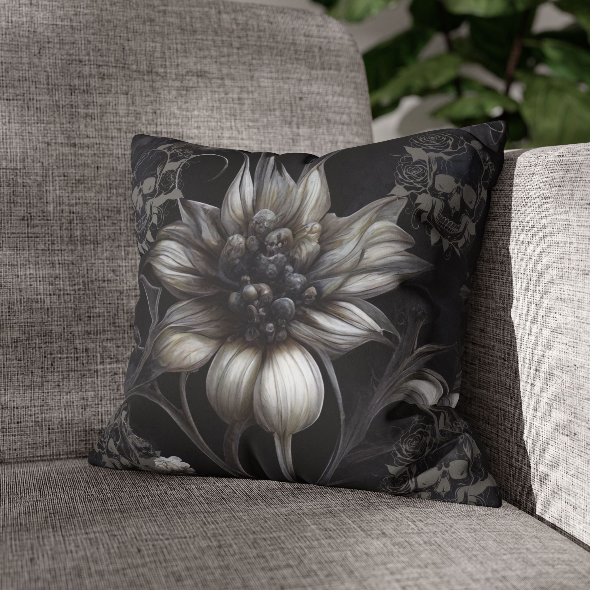 Gothic Skull Botanical Sunflower Throw Pillow — Dark Floral Home Decor