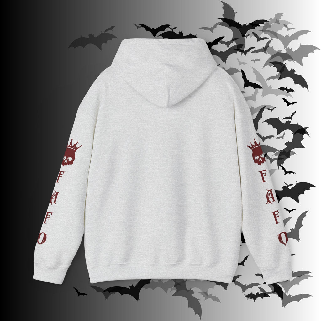 I Identify As a Threat Hoodie — Gothic Skull Sleeve Print Fuck Around Find Out