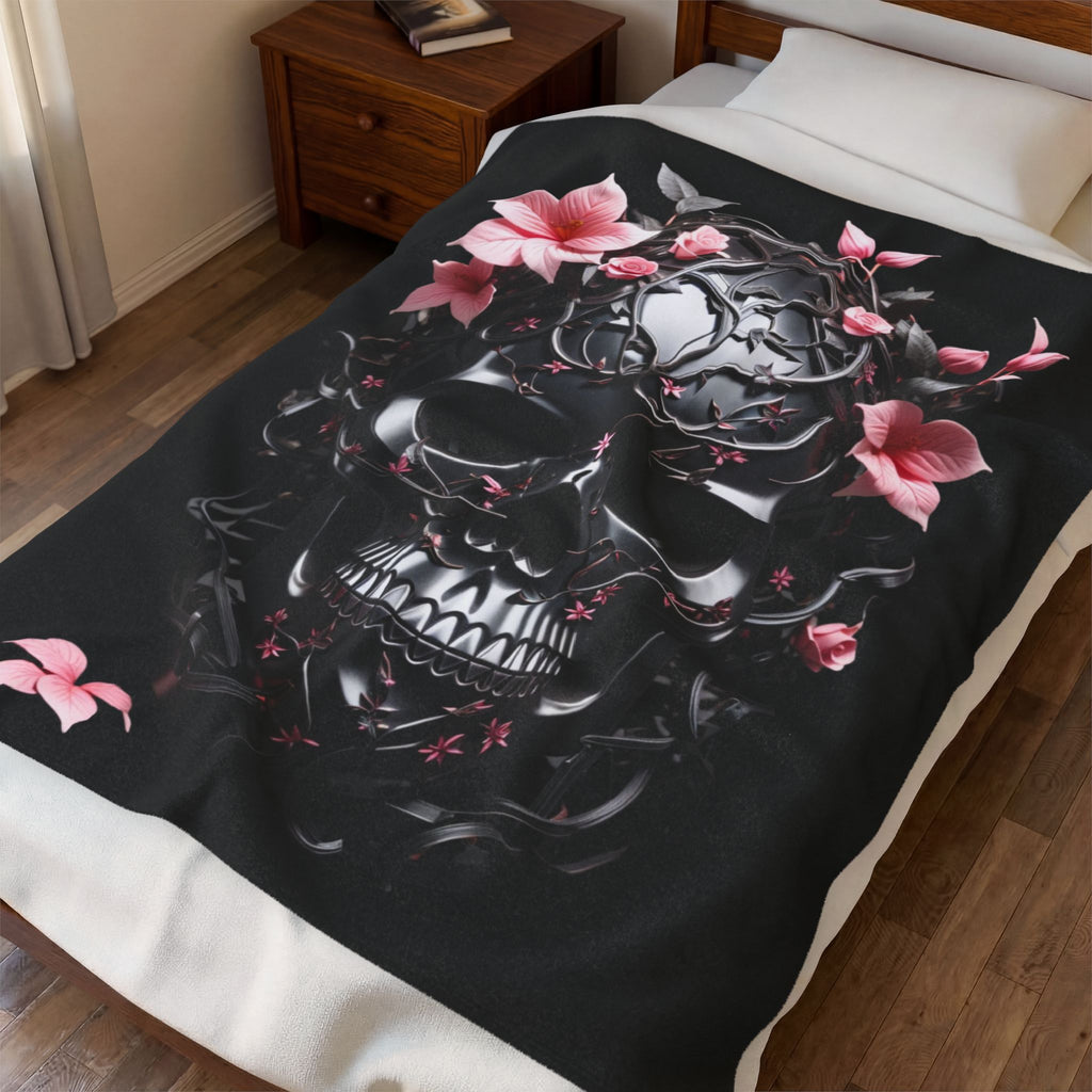 Pastel Goth Black & Pink Botanical Skull Throw Blanket — Dark Floral Home Decor