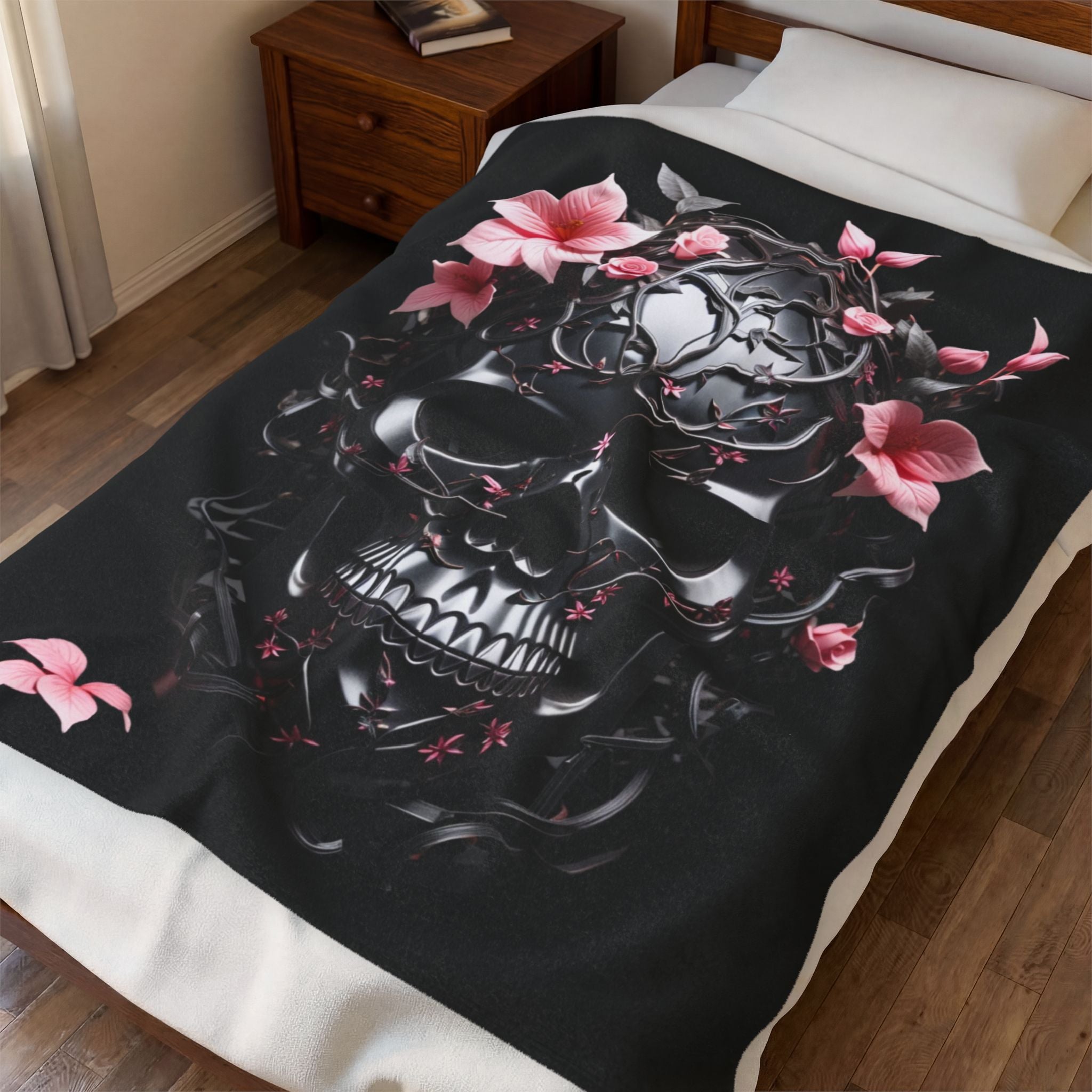 Pastel Goth Black & Pink Botanical Skull Throw Blanket — Dark Floral Home Decor