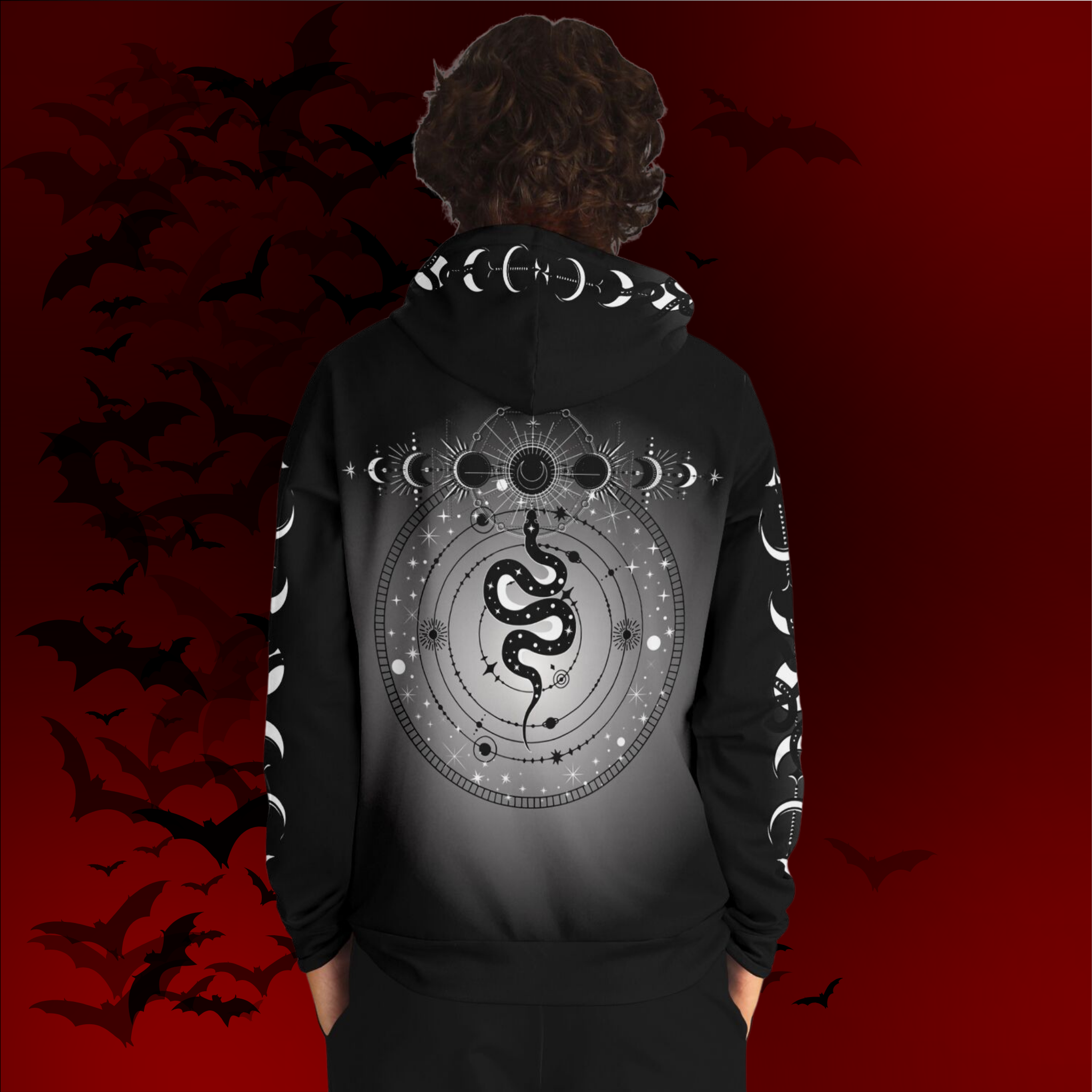 Celestial Serpent All Over Print Hoodie – Monochrome