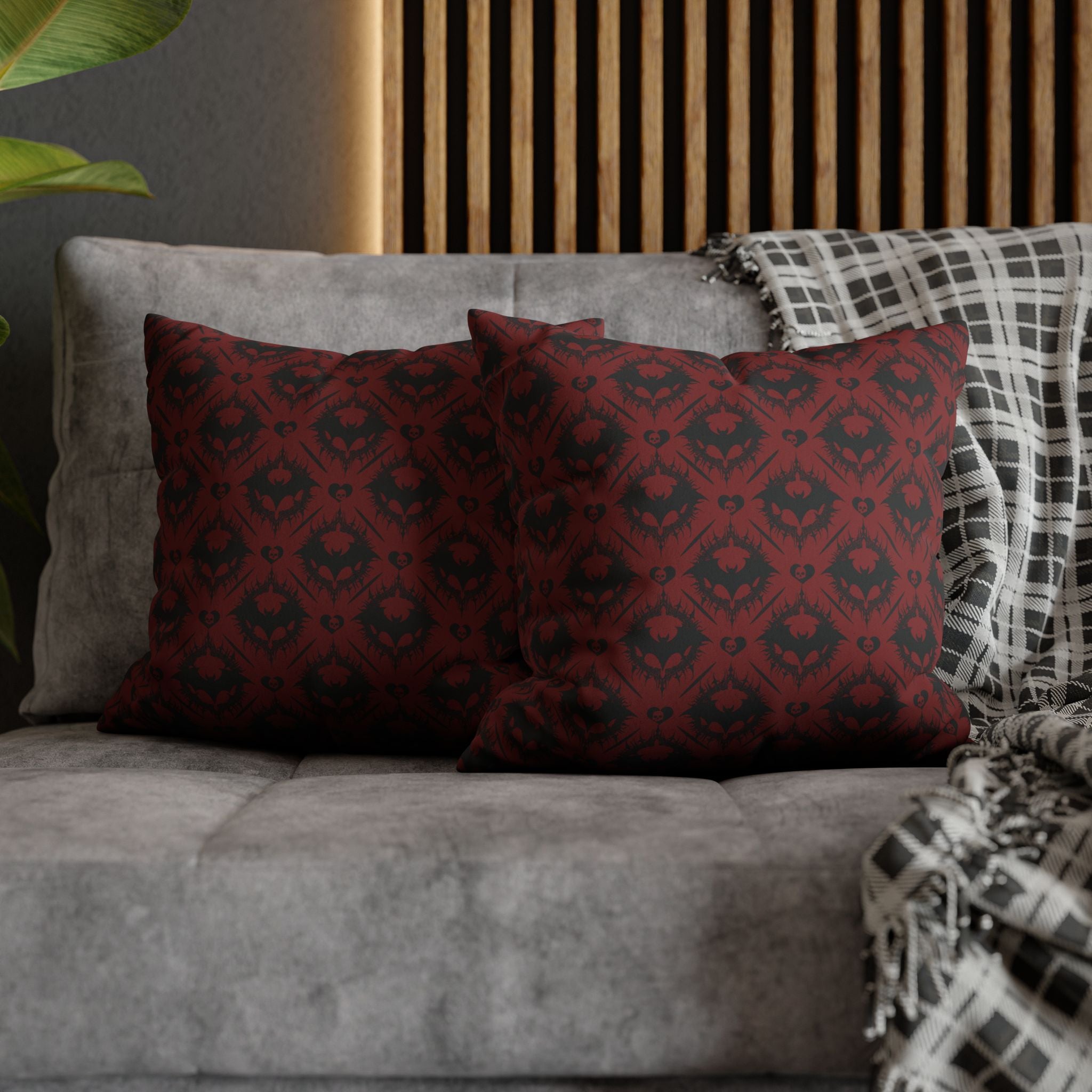 Gothic Bat Diamond Pattern Throw Pillow — Dark Red Damask Home Decor