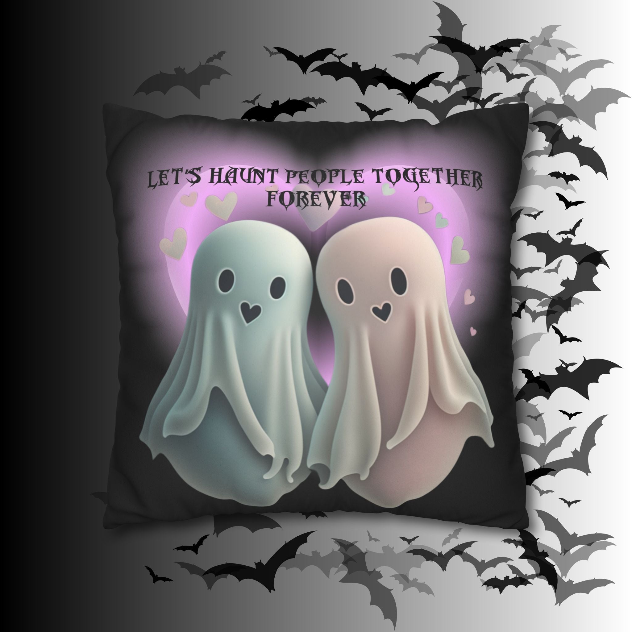 Let's Haunt People Together Forever Ghost Throw Pillow — Gothic Love Halloween Decor