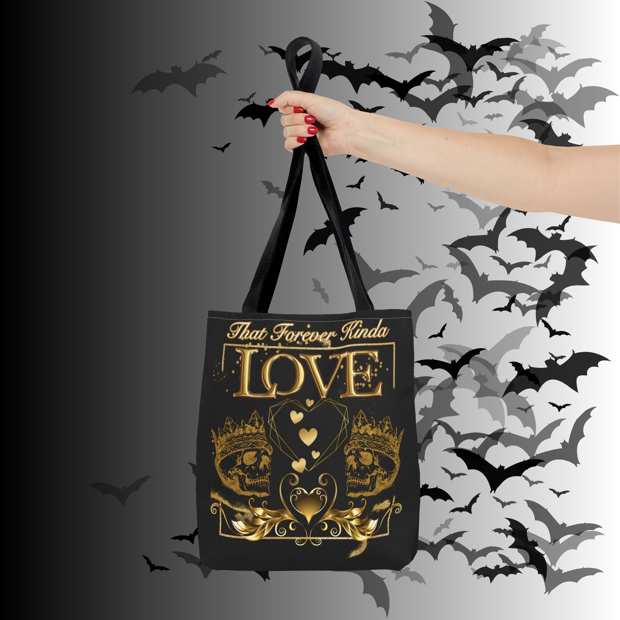 "That Forever Kinda Love" Gothic Skull Crown Tote Bag — Dark Romance Gold Print