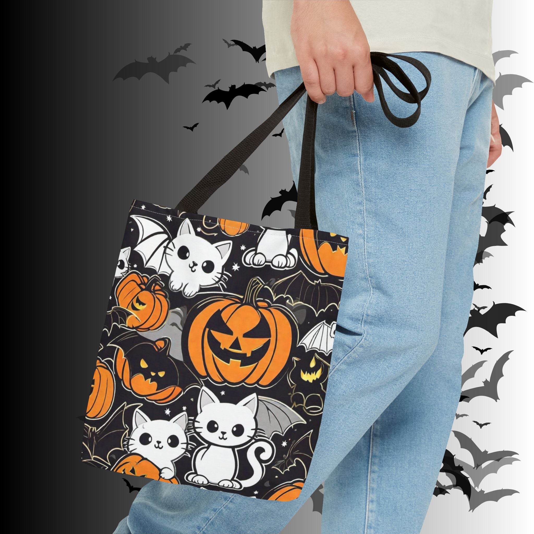 Kawaii Bat Cat Halloween Tote Bag — Dark Pumpkin Pattern