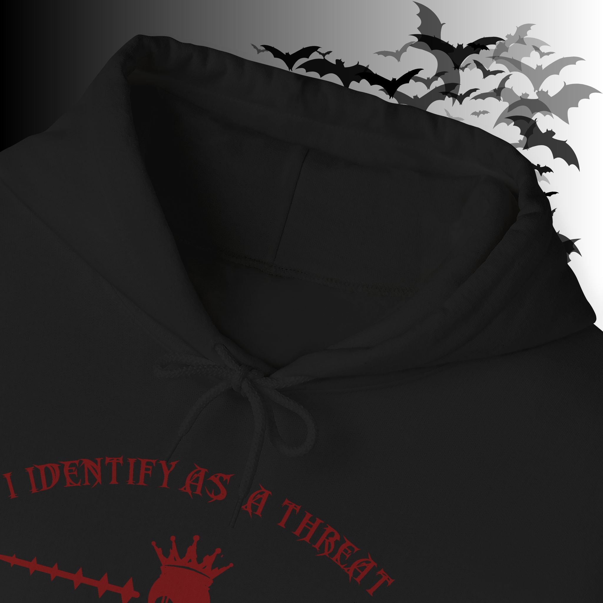 I Identify As a Threat Hoodie — Gothic Skull Sleeve Print Fuck Around Find Out