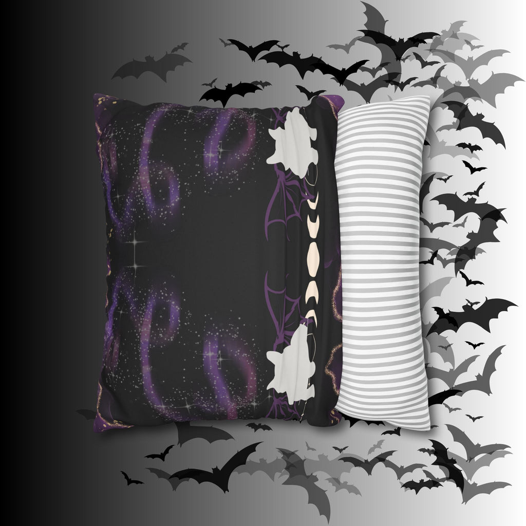 Gothic Bat Wing Cat Moon Phases Throw Pillow — Purple Celestial Dark Home Decor