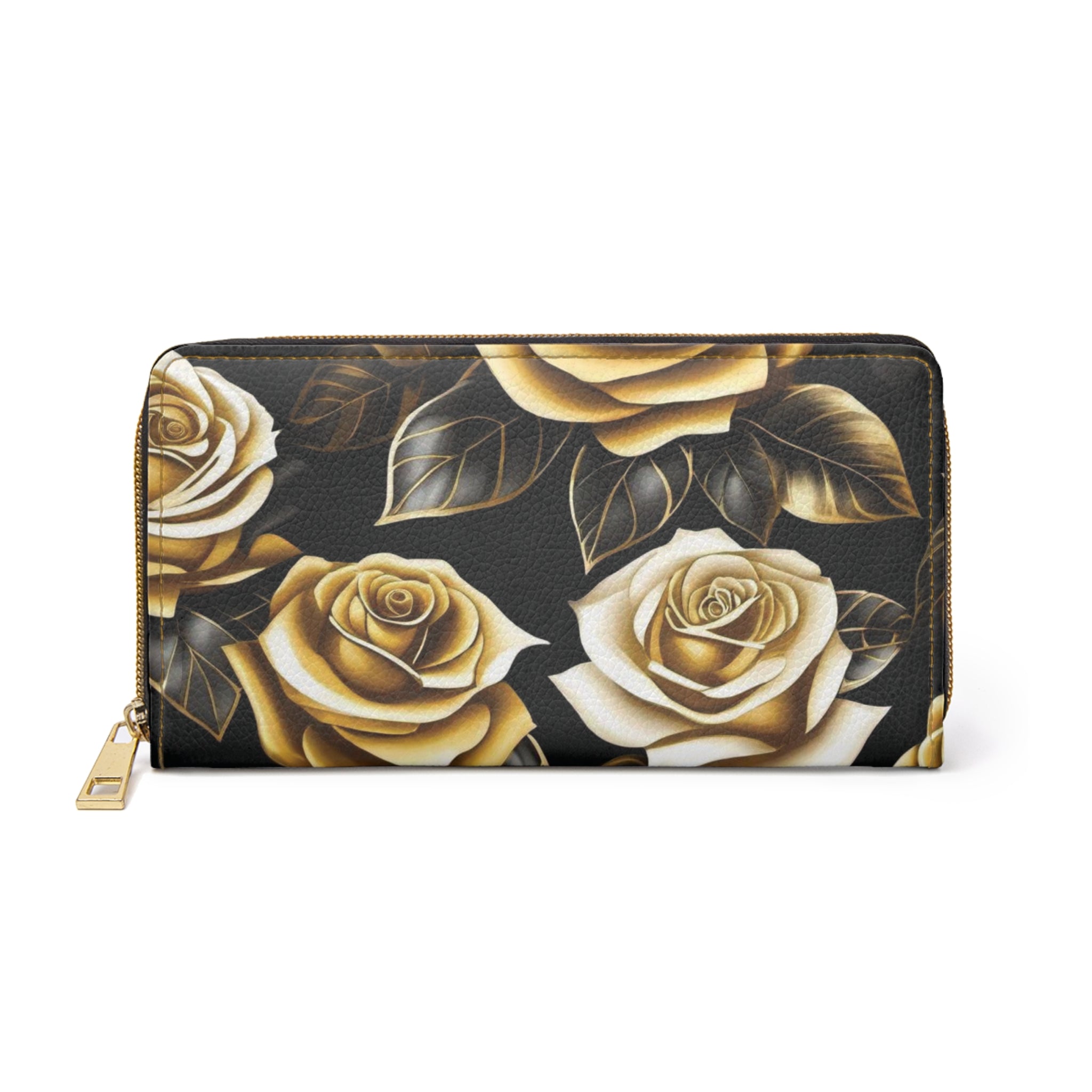 Gothic Black & Gold Rose Wallet | Elegant Floral Faux Leather Zipper Clutch