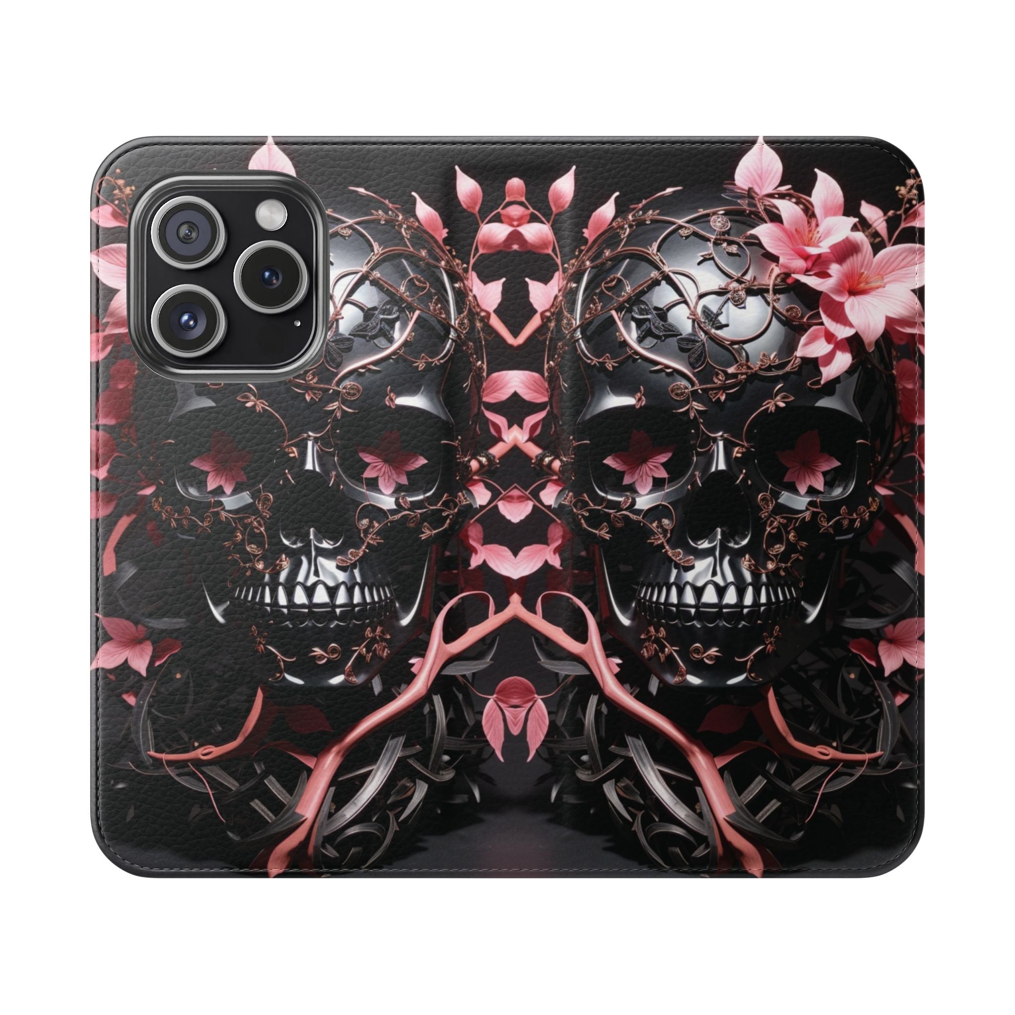 Pink Pastel Goth Skull Flip Wallet Phone Case - Skull Wallet Case for Samsung iPhone - Gothic Style Skull Wallet Phone Cases