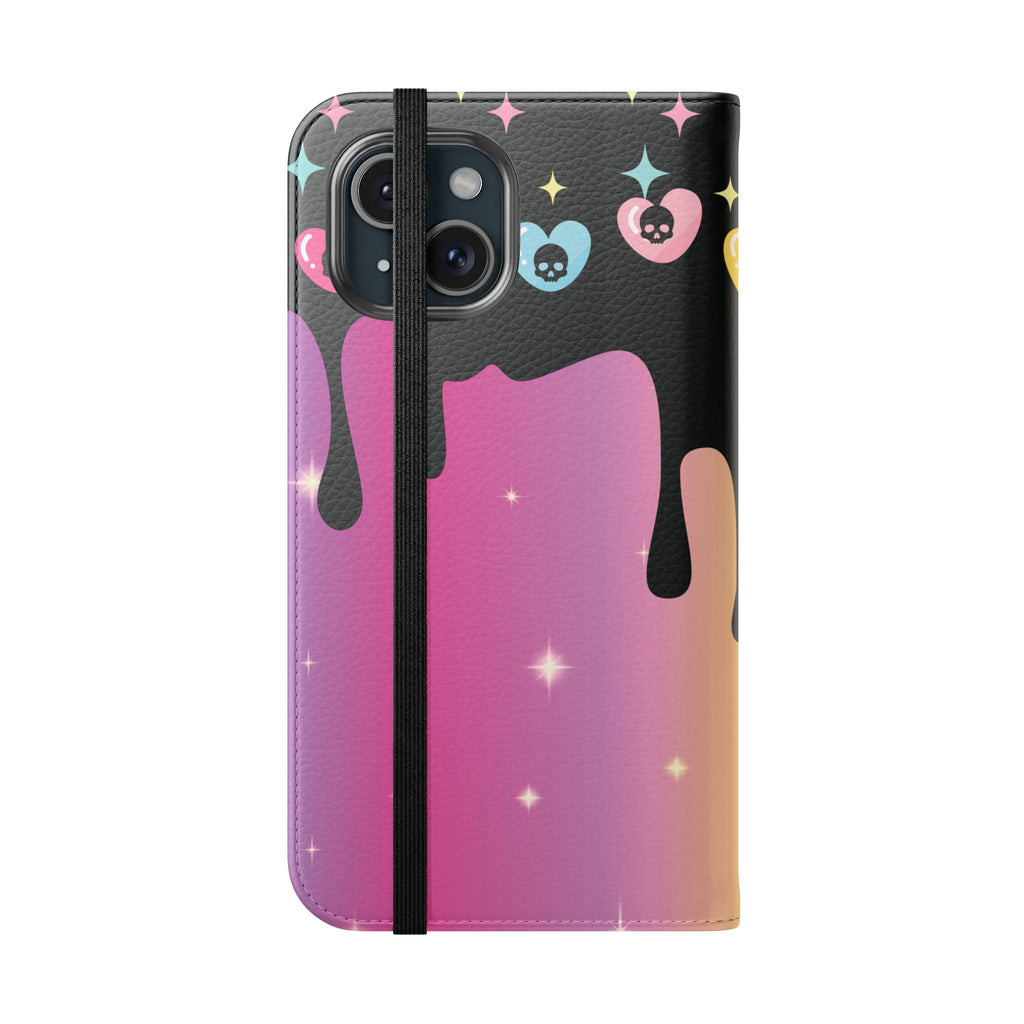Pastel Goth Drippy Rainbow Skulls Flip Wallet Phone Case - Wallet Case for Samsung and iPhone - Gothic Style Wallet Phone Cases