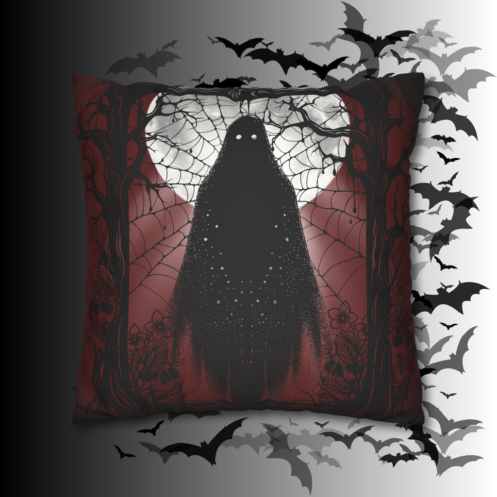 Gothic Ghost Cobweb Moon Throw Pillow — Spooky Halloween Dark Home Decor