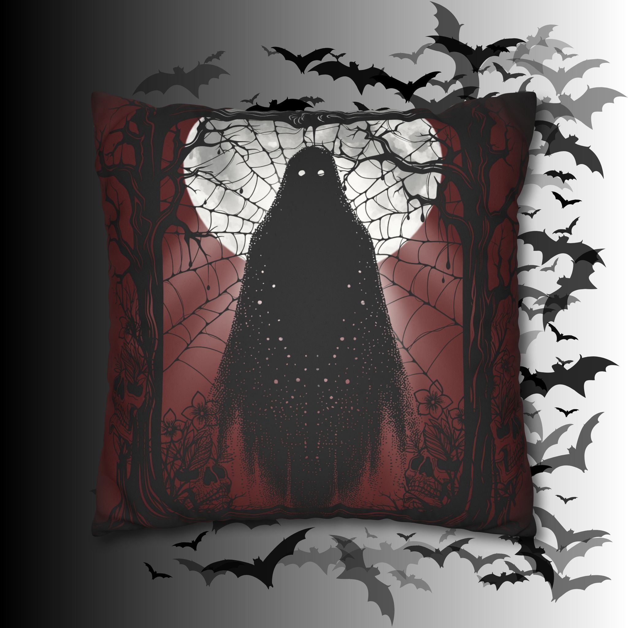 Gothic Ghost Cobweb Moon Throw Pillow — Spooky Halloween Dark Home Decor
