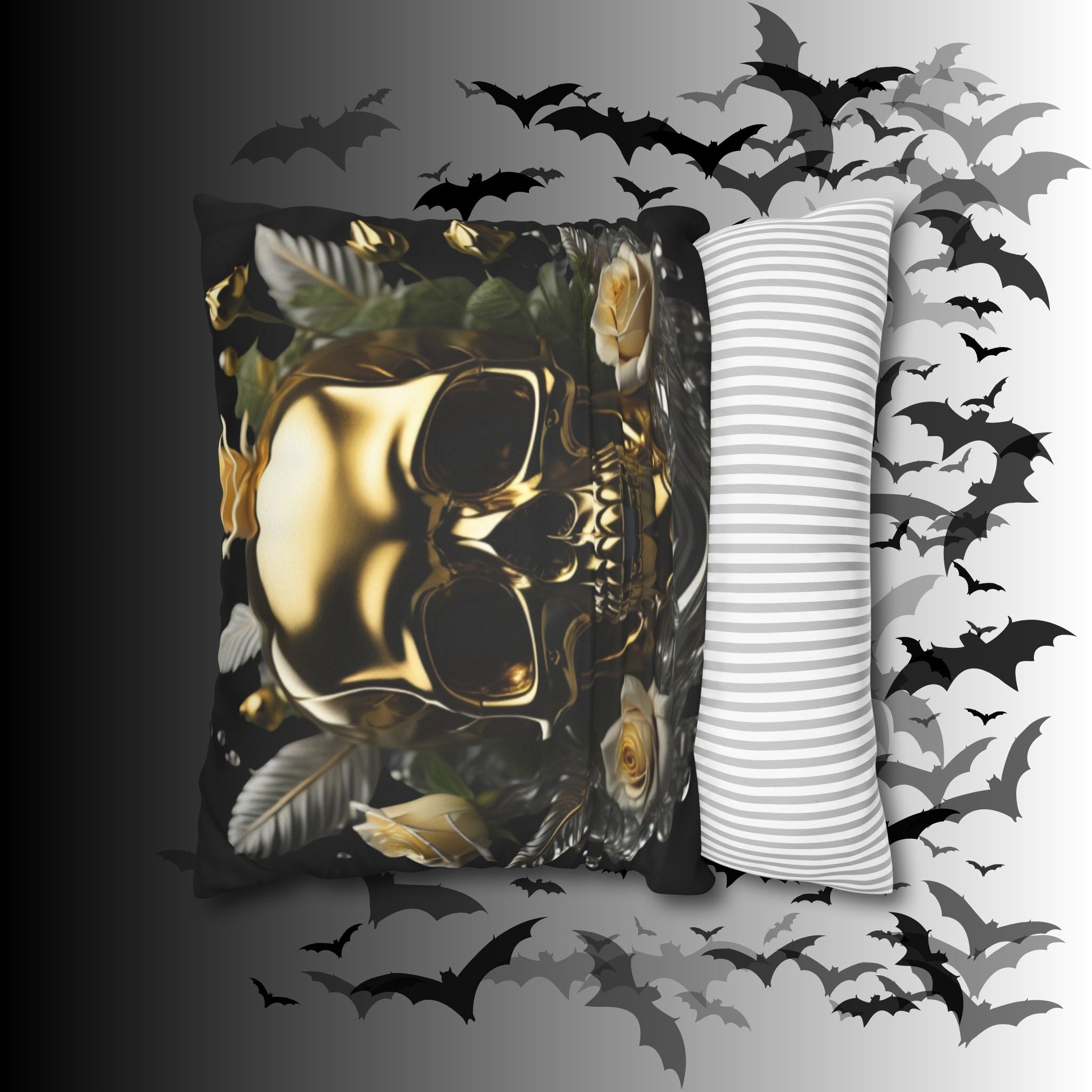 Gold Skull Botanical Throw Pillow — Dark Floral Gothic Home Decor