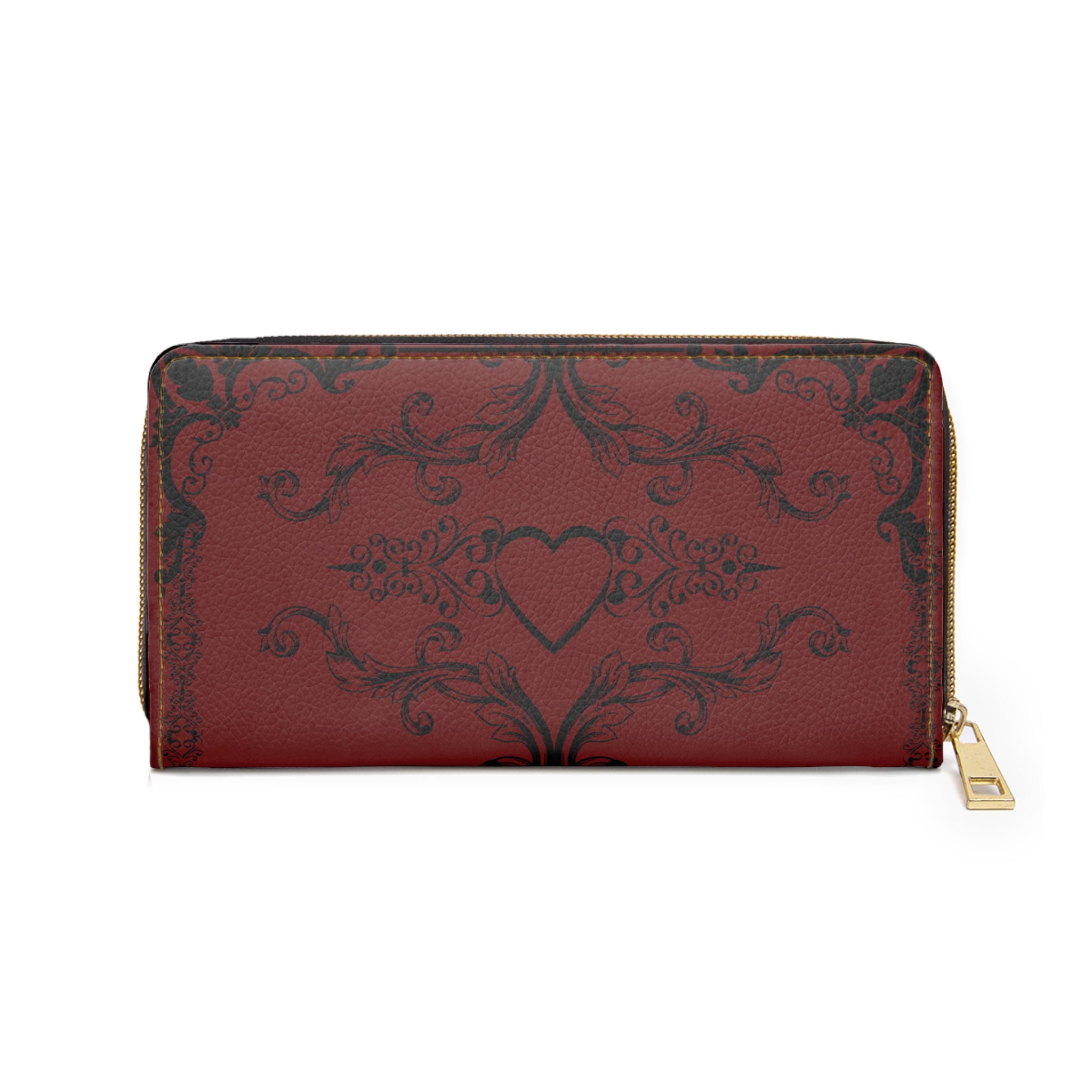 Dark Academia Gothic Heart Wallet | Crimson Floral Faux Leather Zipper Clutch