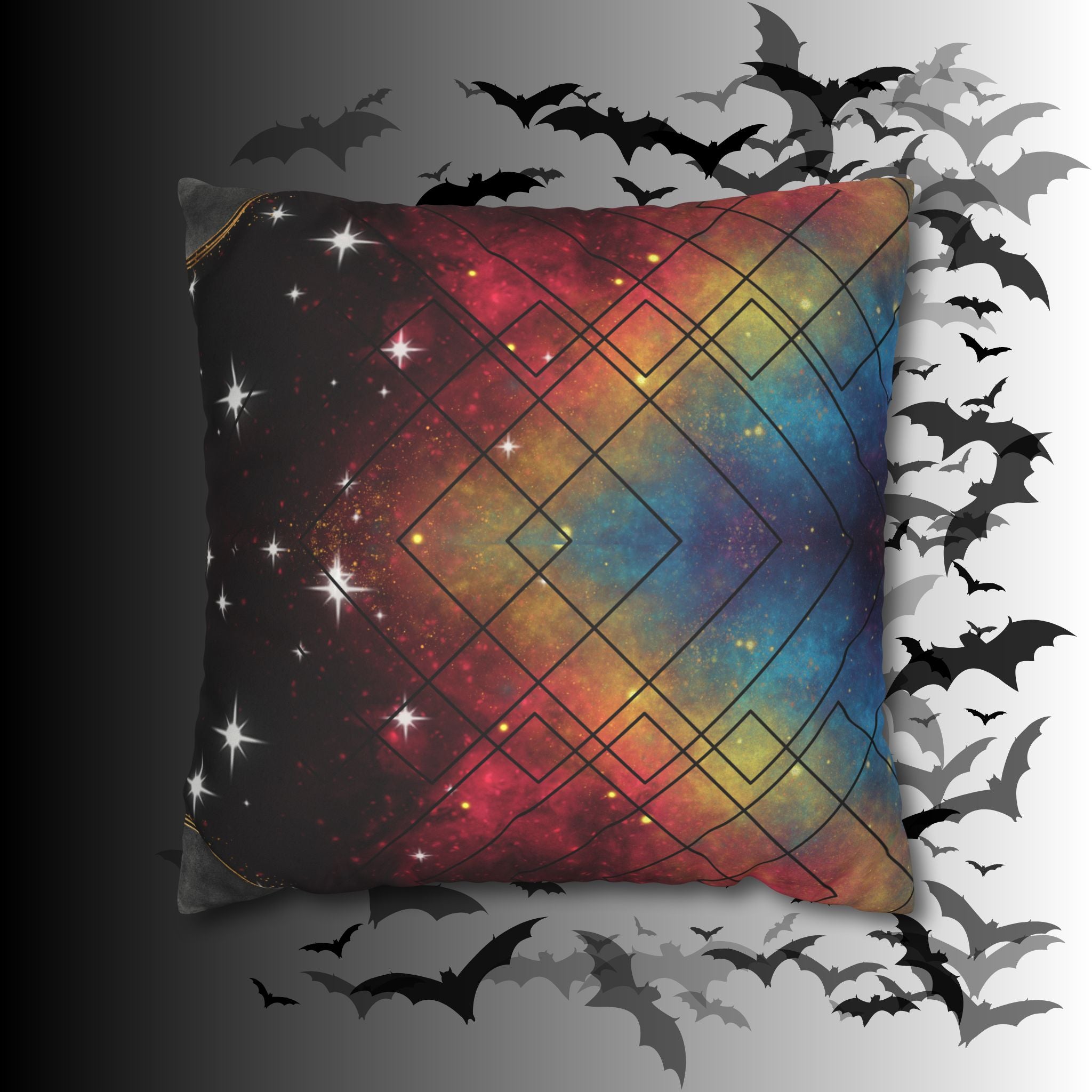 Rainbow Galaxy Geometric Throw Pillow — Celestial Cosmic Dark Home Decor