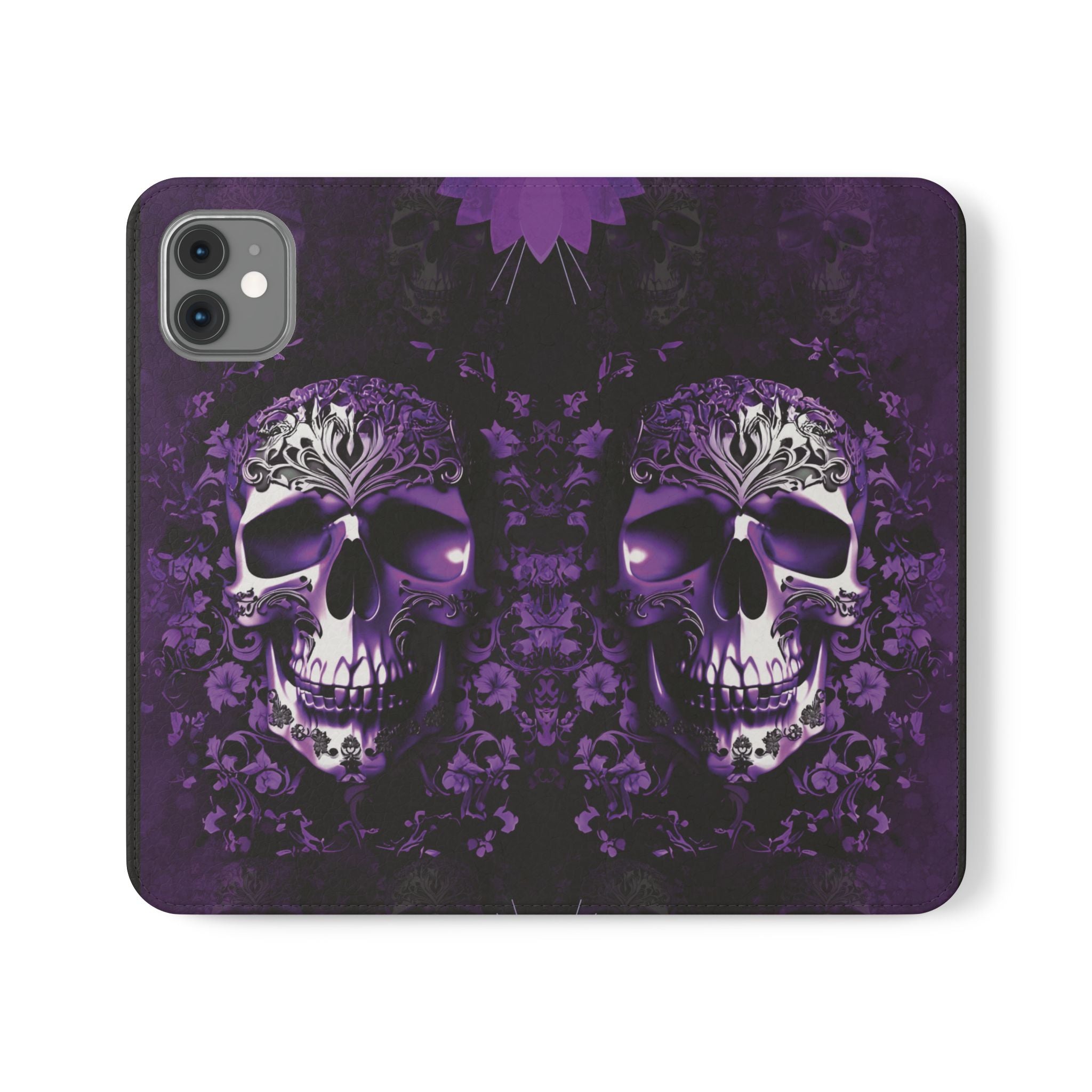 Purple Pastel Goth Skull Flip Wallet Phone Case - Skull Wallet Case for Samsung iPhone - Gothic Style Skull Wallet Phone Cases